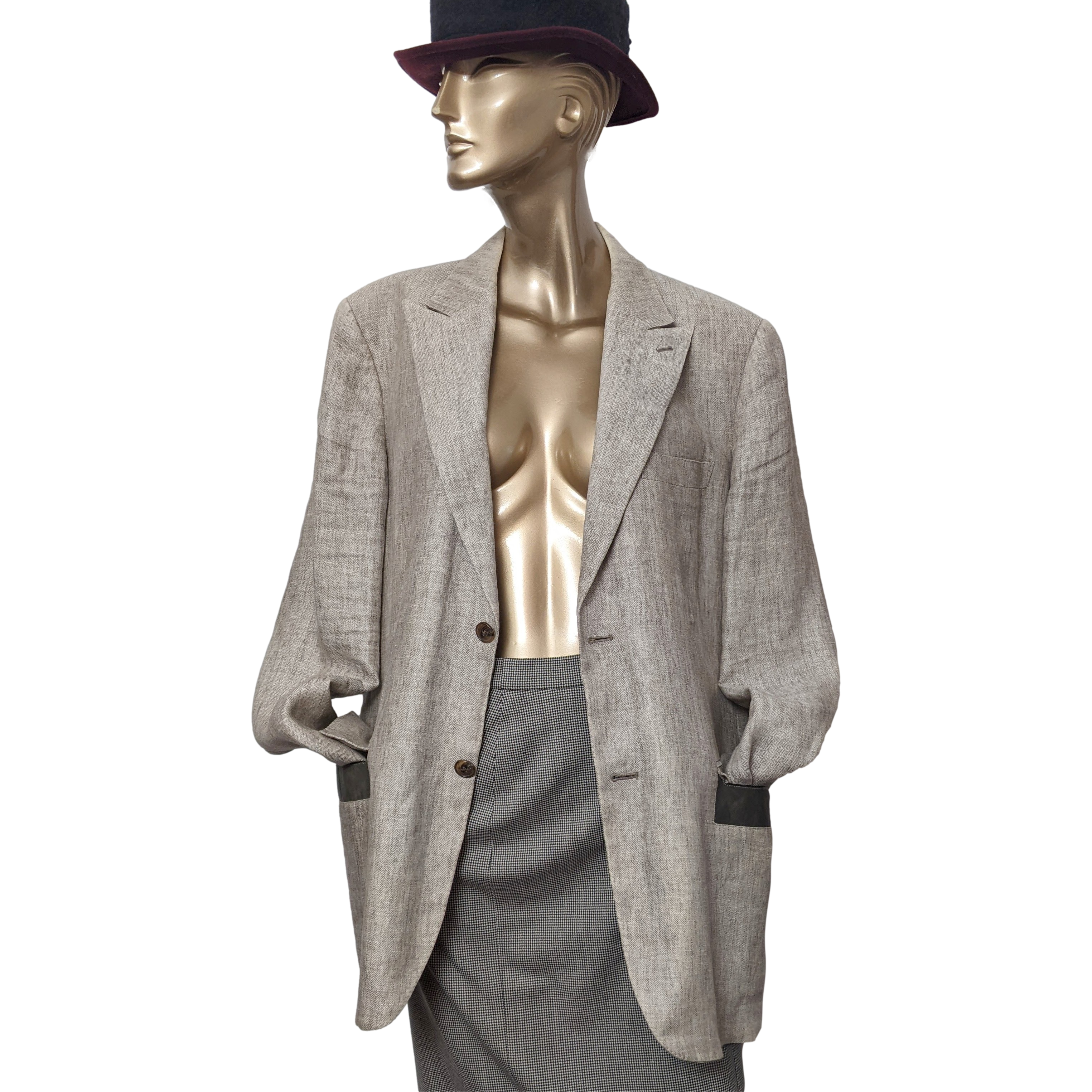 Hermes Natural Linen with Leather Details Men's Jacket Sz54