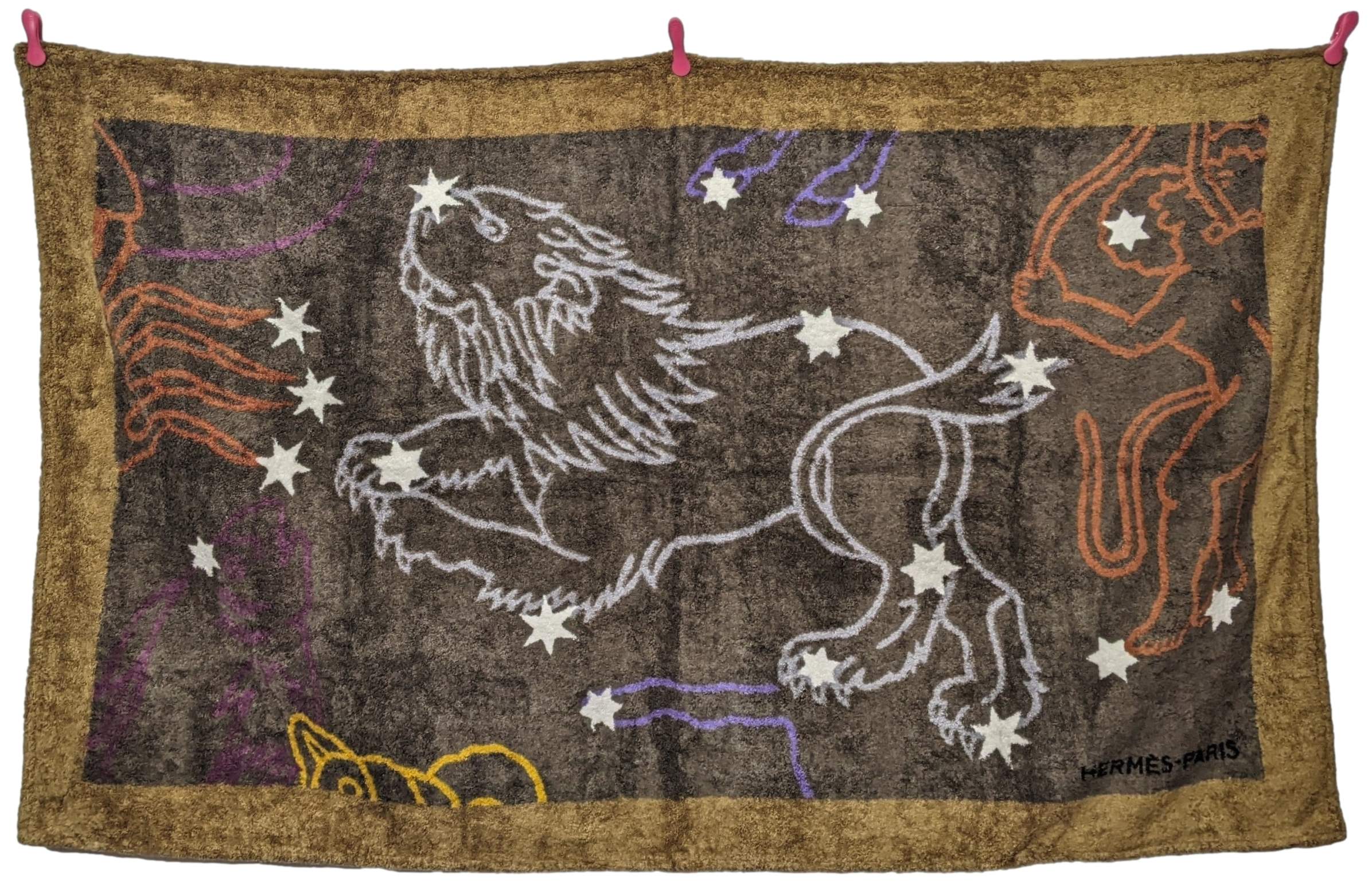 Hermes Brown vintage "Lion Zodiac" Cotton Terry Beach Towel 90 x 150