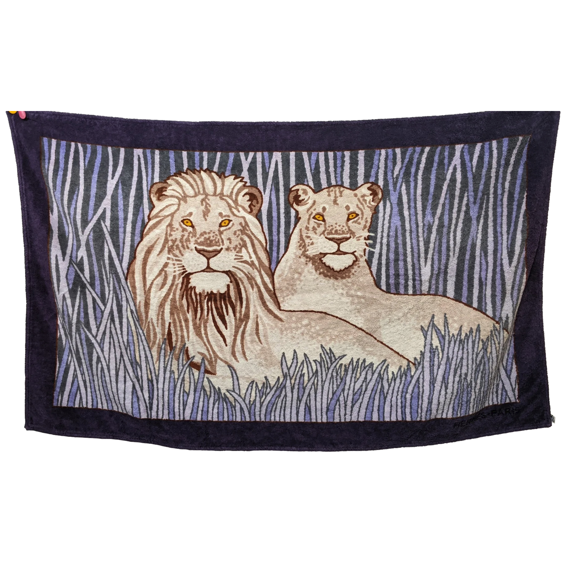 Hermes Vintage Violet "Lions" Terry Beach Towel 150 x 90 cm
