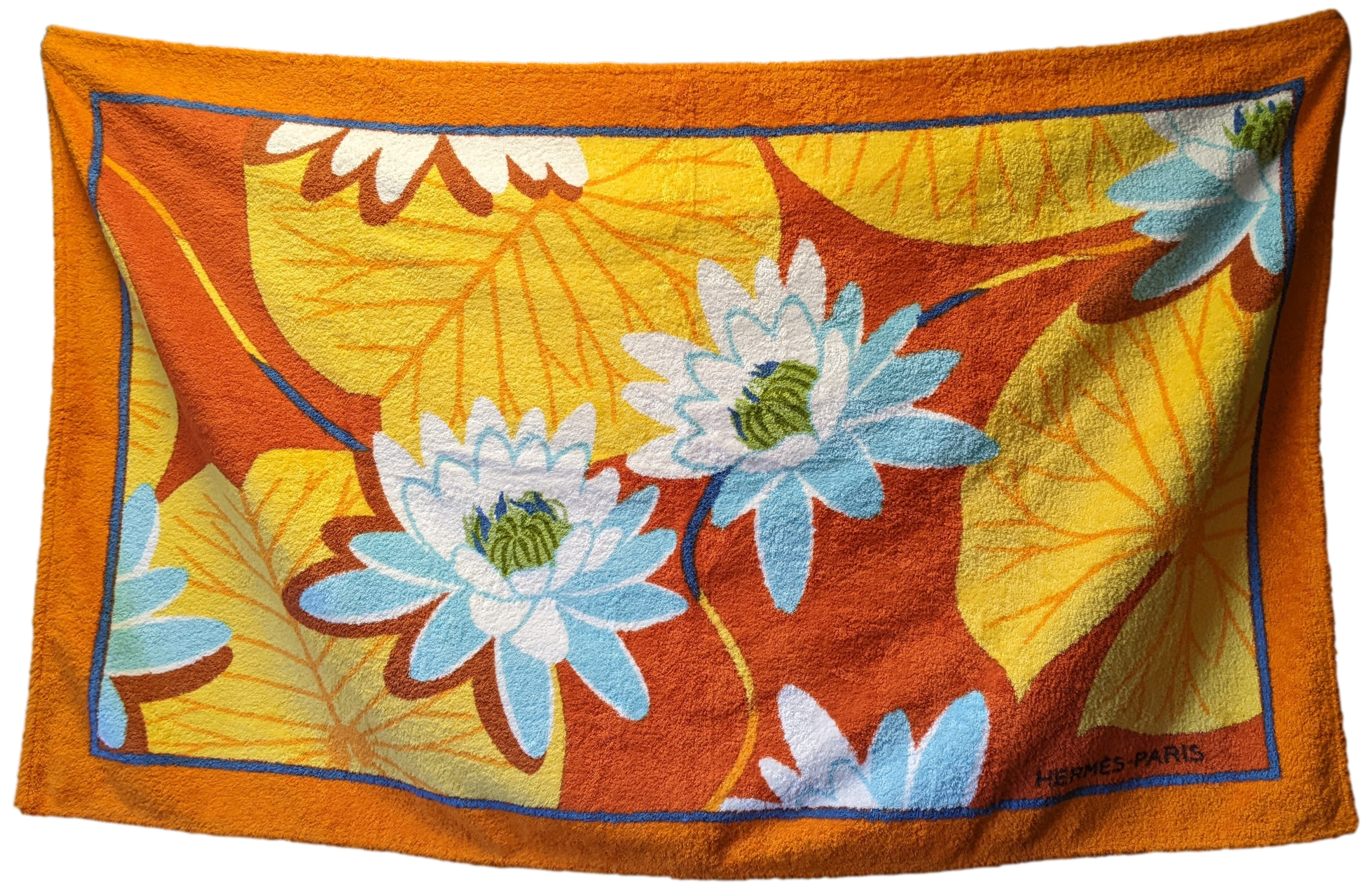 Produits Hermes Vintage Orange "Lotus" Terry Cotton Beach Towel GM 90 x 150 cm
