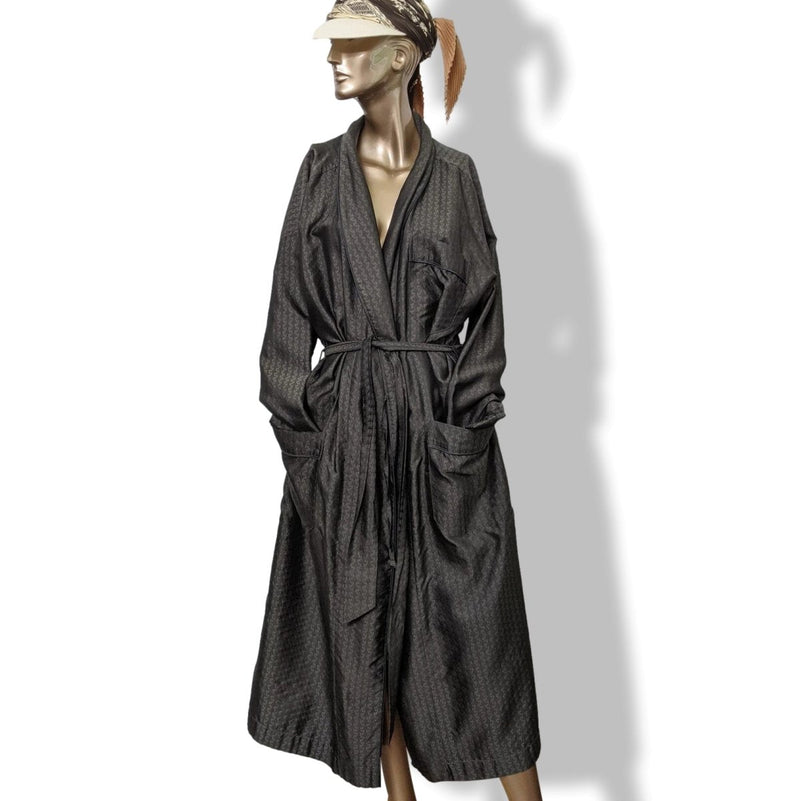 Hermes Luxurious Dark Grey Men's 100% Silk Faconnee H Bath Robe with Leather Edging Sz L-XL, Pur Luxe! - poupishop