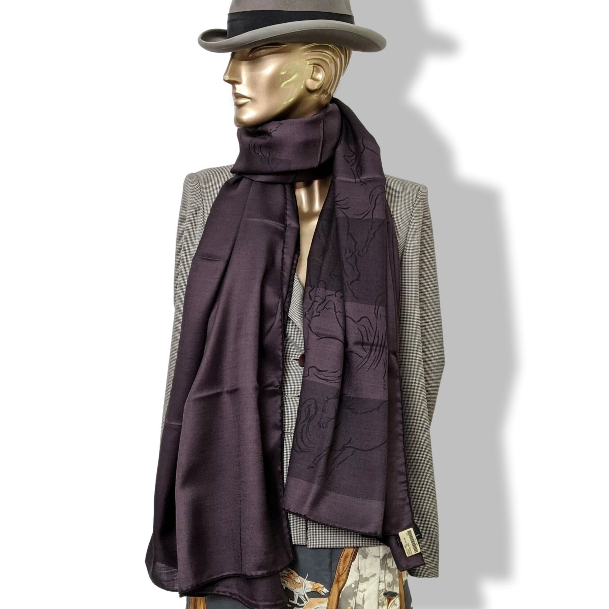 Hermes [M13] Men's Prune/Prune Fonce Silk/Wool LES ETALONS Echarpe au Carre 100 x 200 cm, BNWTIB! - poupishop