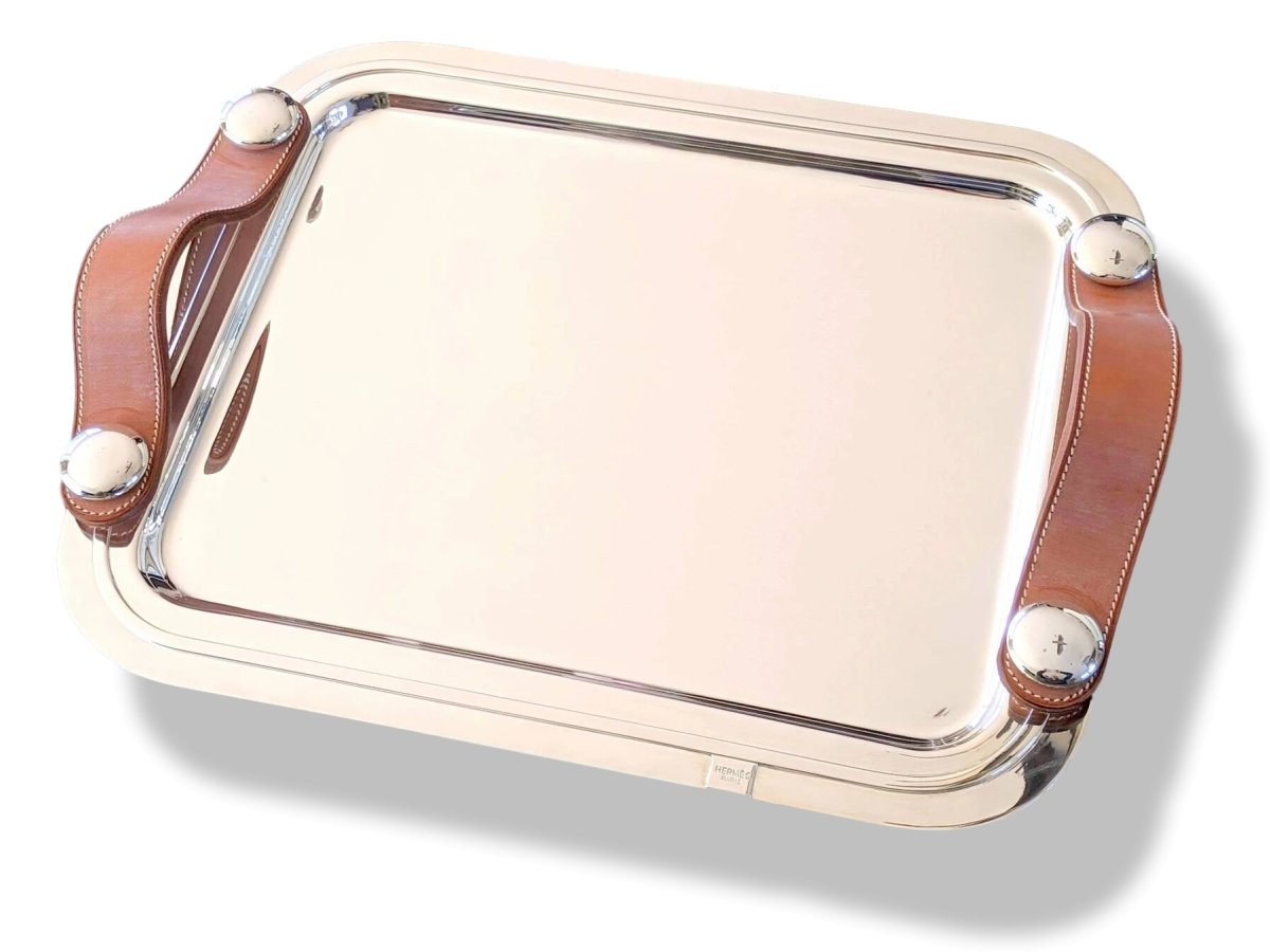 Hermes [M3] Art Deco Plated Silver Tray SPARTE PM with Leather Handles, Fantastic model, Unused! - poupishop