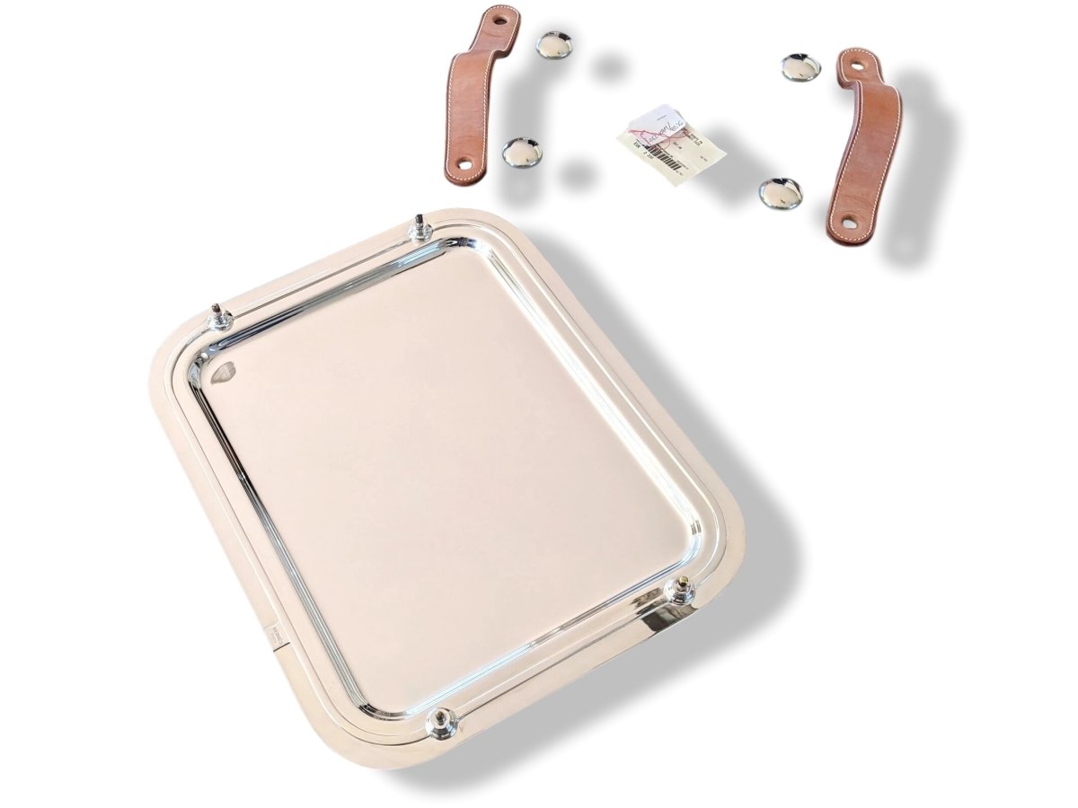 Hermes [M3] Art Deco Plated Silver Tray SPARTE PM with Leather Handles, Fantastic model, Unused! - poupishop