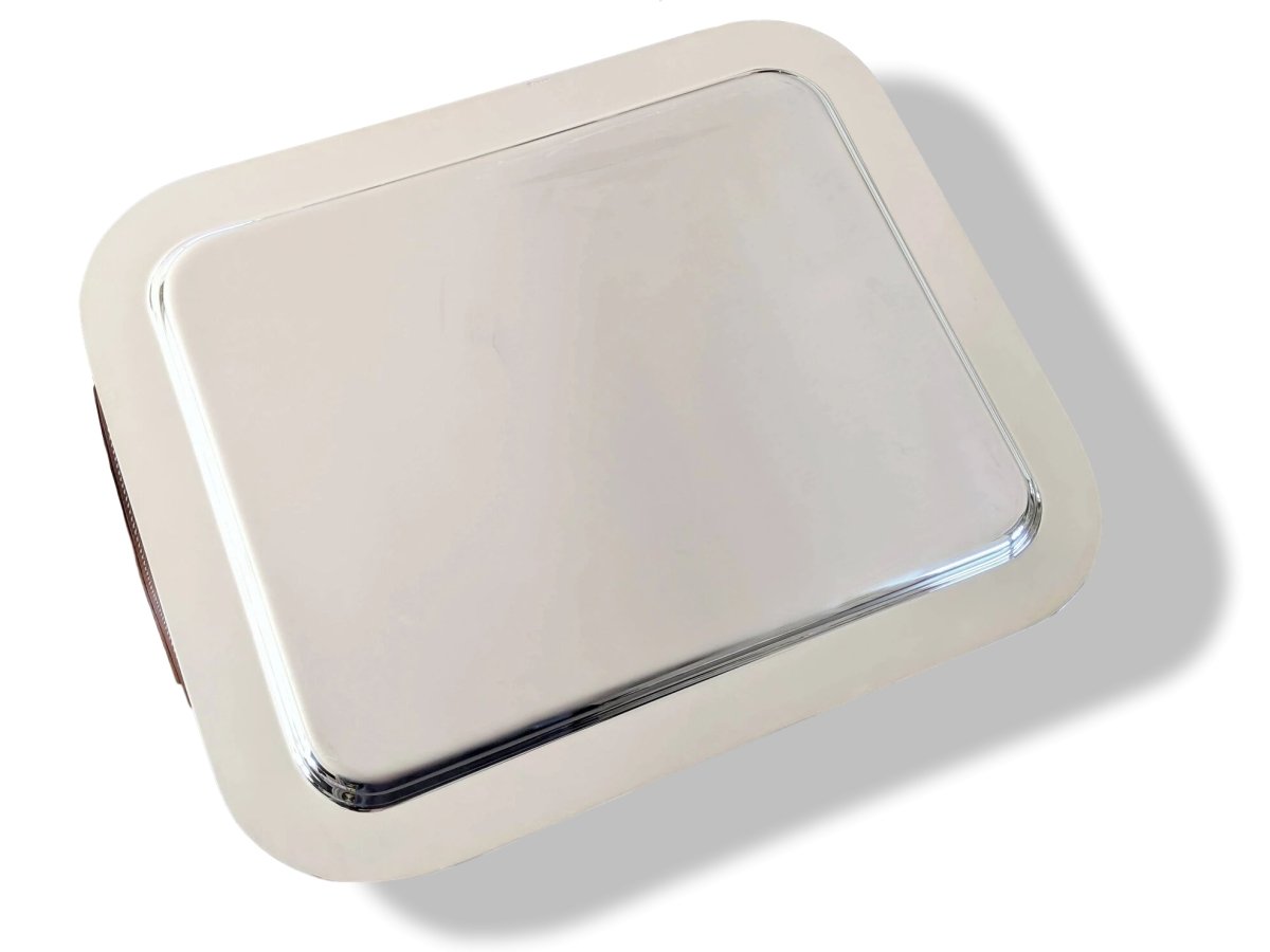 Hermes [M3] Art Deco Plated Silver Tray SPARTE PM with Leather Handles, Fantastic model, Unused! - poupishop