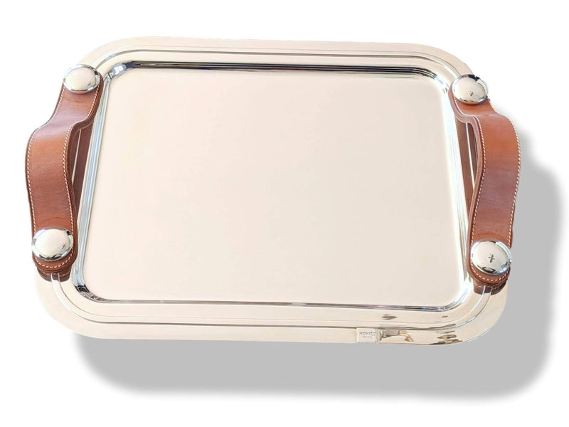 Hermes [M3] Art Deco Plated Silver Tray SPARTE PM with Leather Handles, Fantastic model, Unused! - poupishop