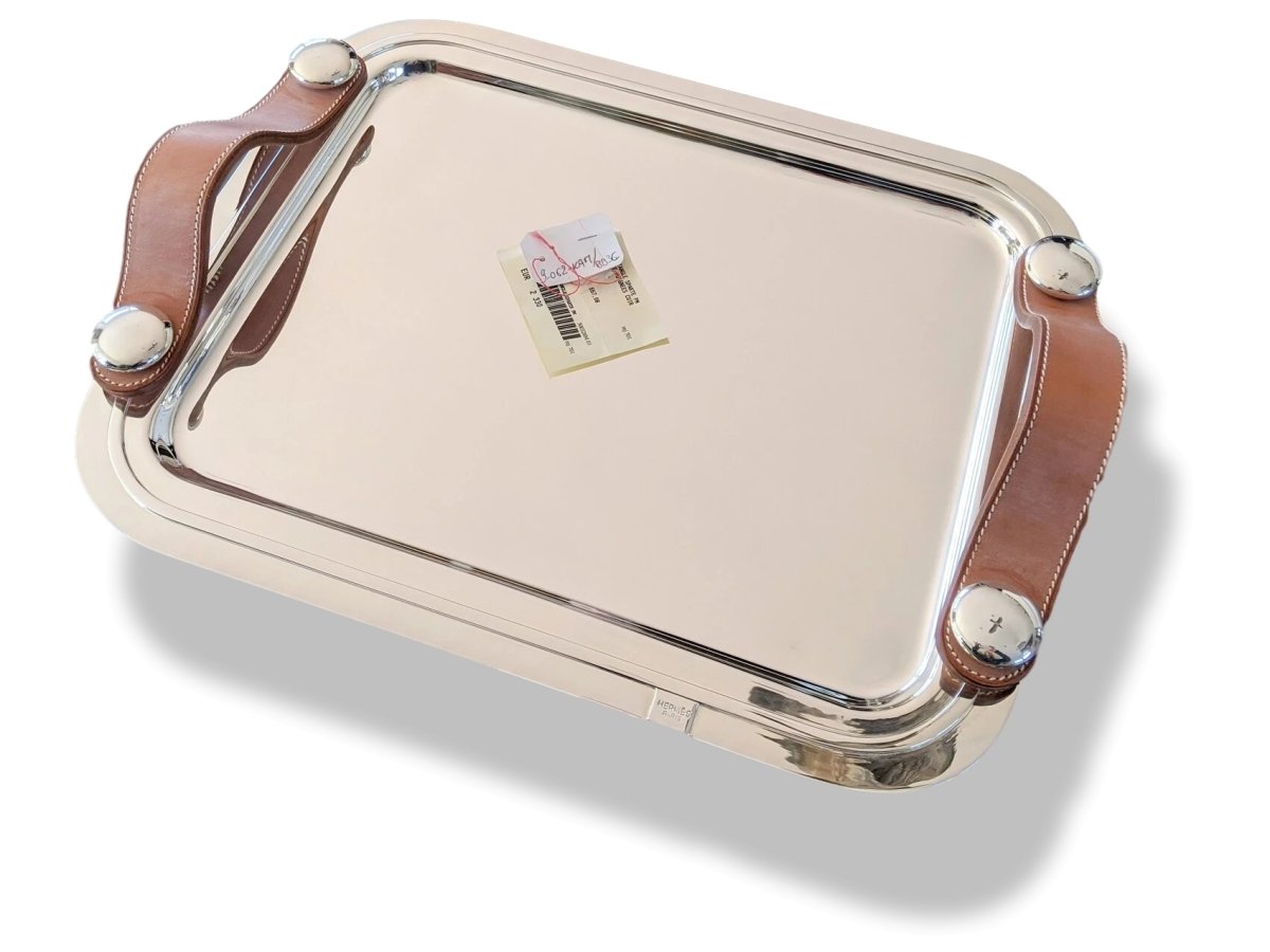 Hermes [M3] Art Deco Plated Silver Tray SPARTE PM with Leather Handles, Fantastic model, Unused! - poupishop