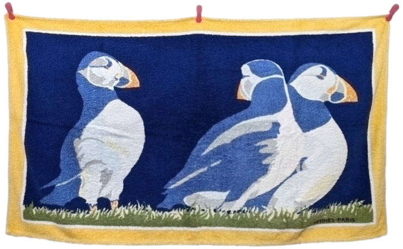 Hermes Jaune/Blue Vintage "Macareux Moine" Sea Parrots Beach Towel 90 x 150 cm