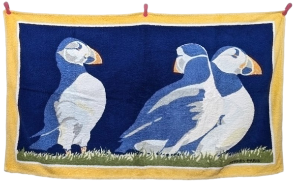 Hermes Jaune/Blue Vintage "Macareux Moine" Sea Parrots Beach Towel 90 x 150 cm