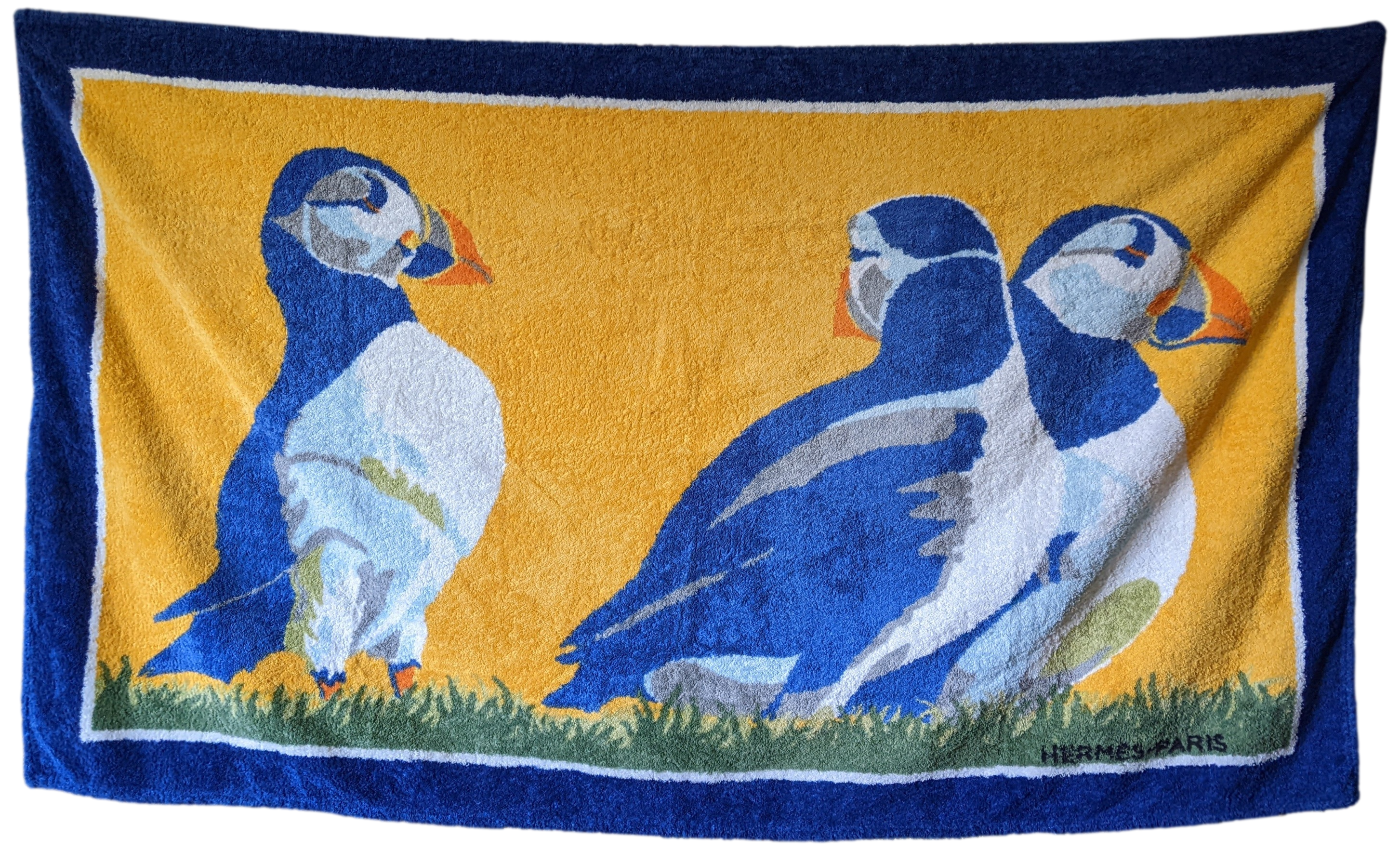HERMES Vintage MACAREUX MOINE Sea Parrots Beach Towel GM 90 x 150 cm
