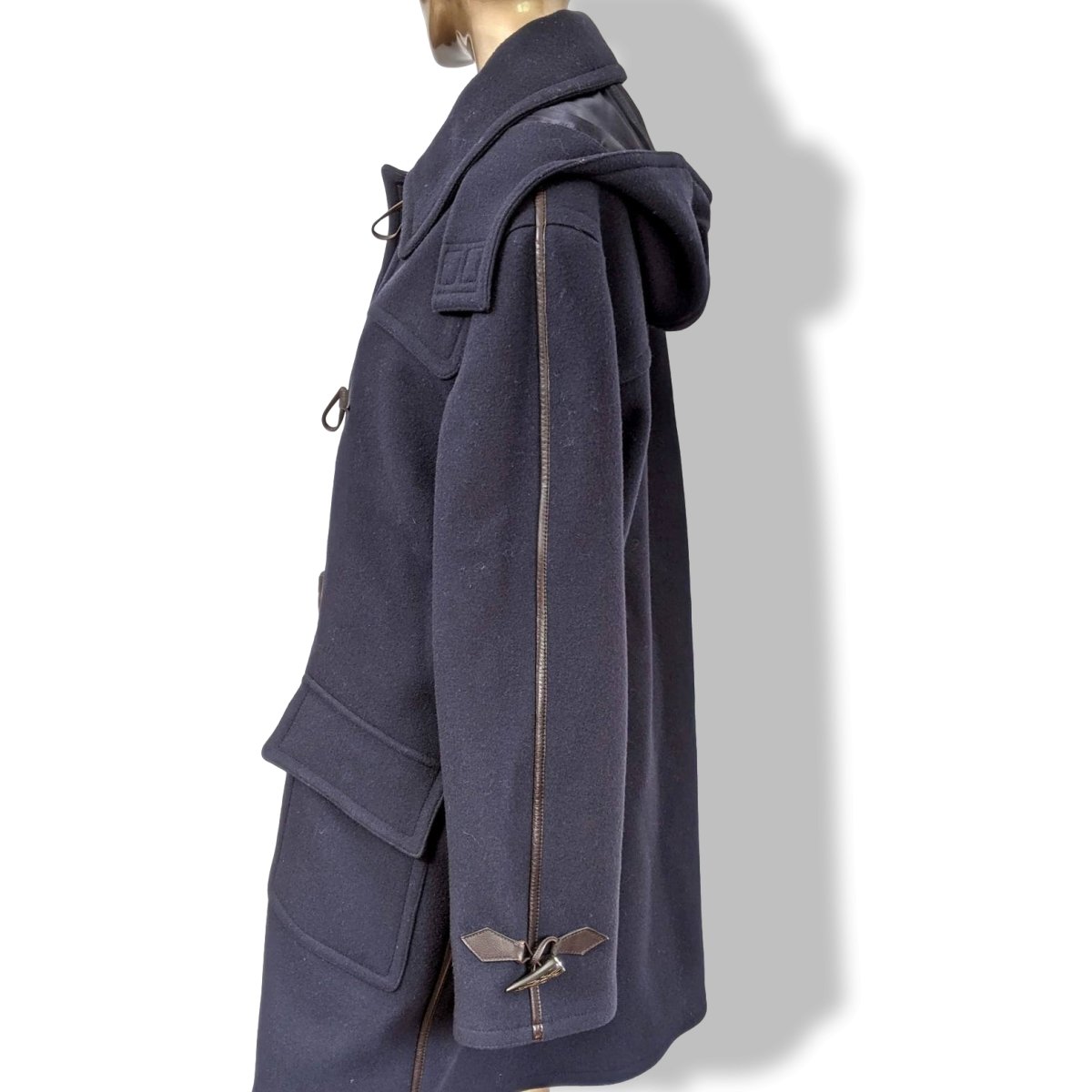 Hermes Marine Wool/Brown Calfskin Leather Men's Wool Duffle-Coat with Horn Buttons 56, PUR LUXE, New! - poupishop