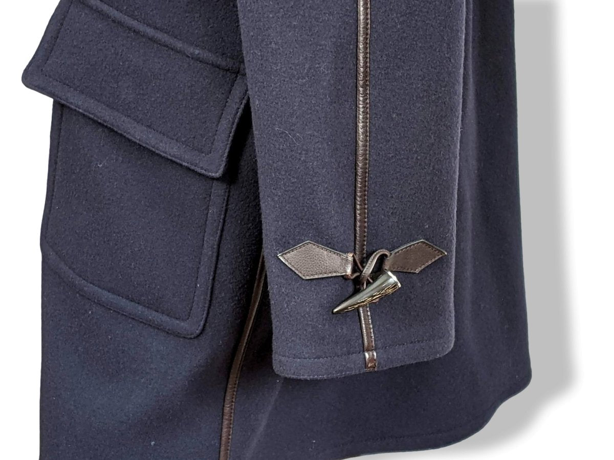 Hermes Marine Wool/Brown Calfskin Leather Men's Wool Duffle-Coat with Horn Buttons 56, PUR LUXE, New! - poupishop