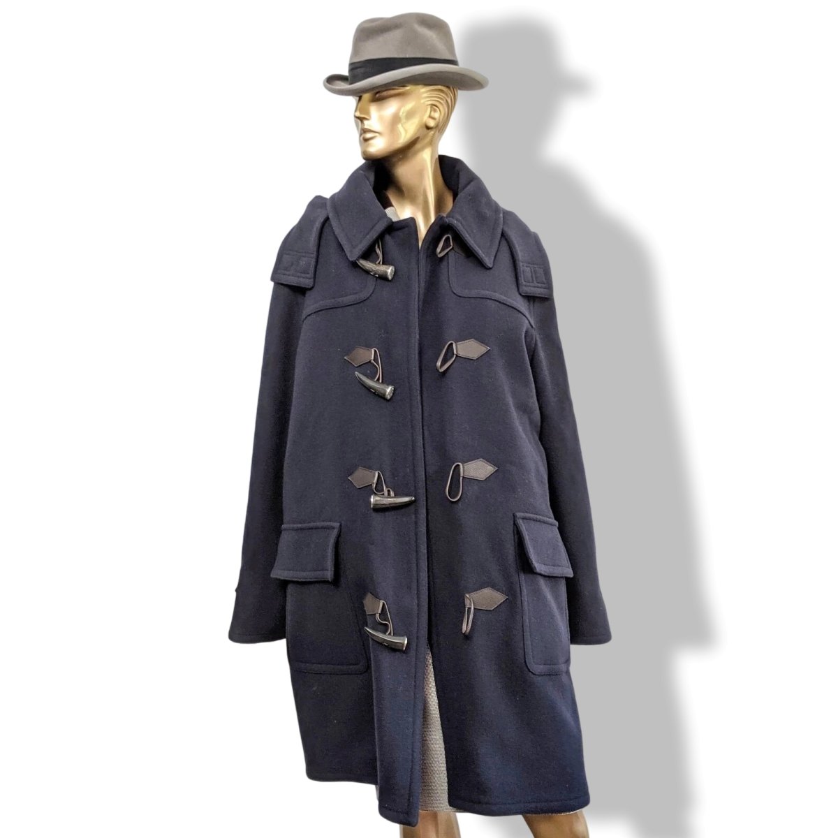 Hermes Marine Wool/Brown Calfskin Leather Men's Wool Duffle-Coat