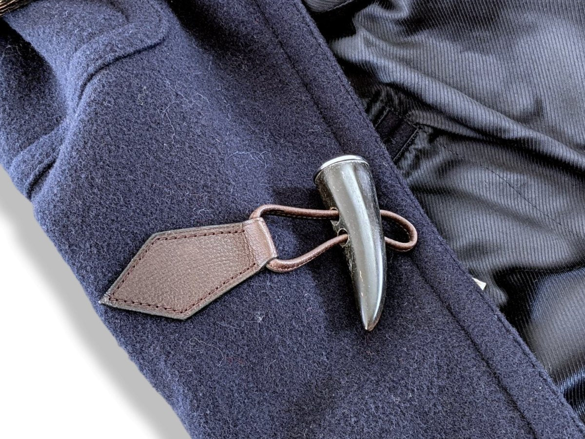 Hermes Marine Wool/Brown Calfskin Leather Men's Wool Duffle-Coat with Horn Buttons 56, PUR LUXE, New! - poupishop