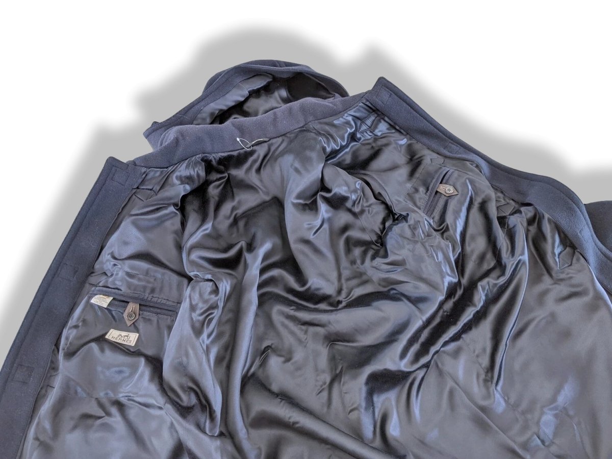Hermes Marine Wool/Brown Calfskin Leather Men's Wool Duffle-Coat with Horn Buttons 56, PUR LUXE, New! - poupishop
