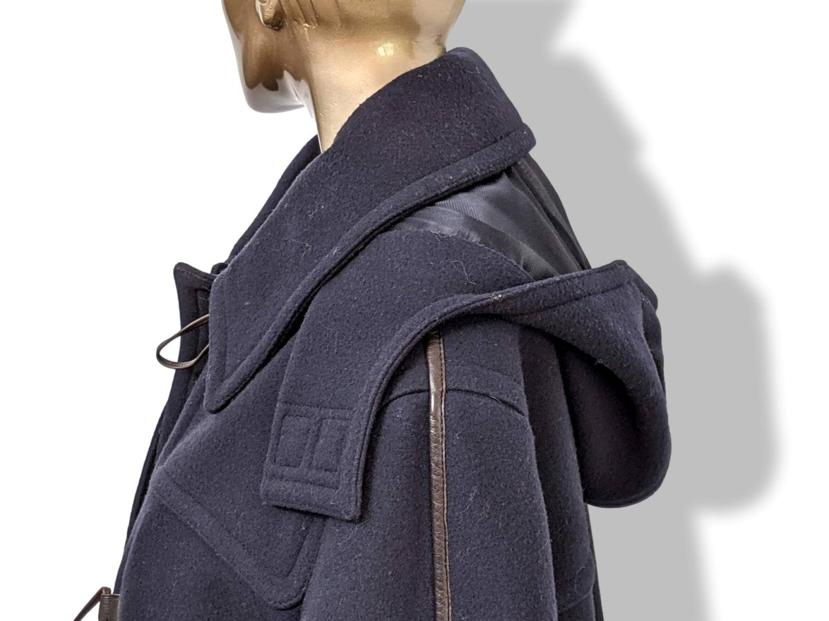 Hermes Marine Wool/Brown Calfskin Leather Men's Wool Duffle-Coat with Horn Buttons 56, PUR LUXE, New! - poupishop