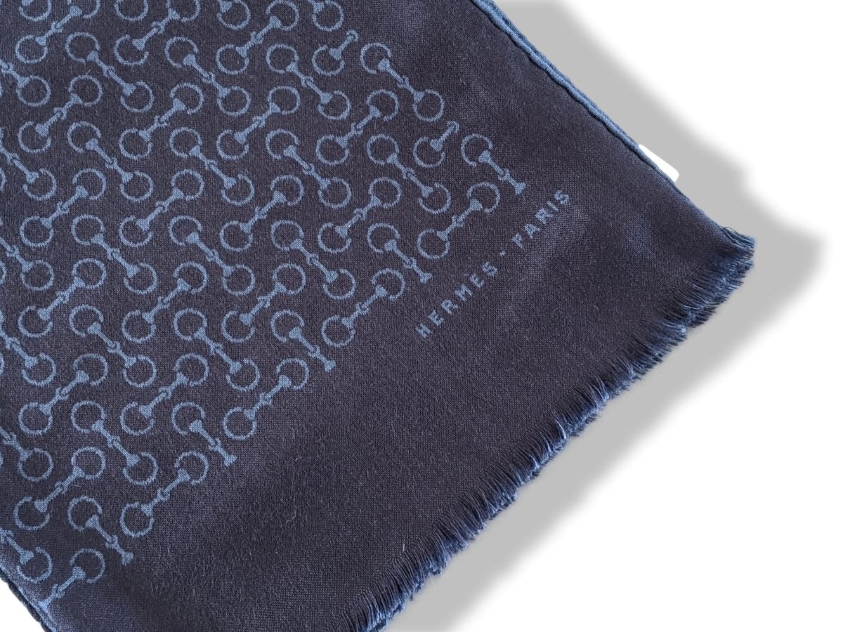 Hermes Marine/Bleu Pilote MORS MUFFLER Woven 70% Cashmere Reversible Stole 63 x 180 cm, BNWT! - poupishop