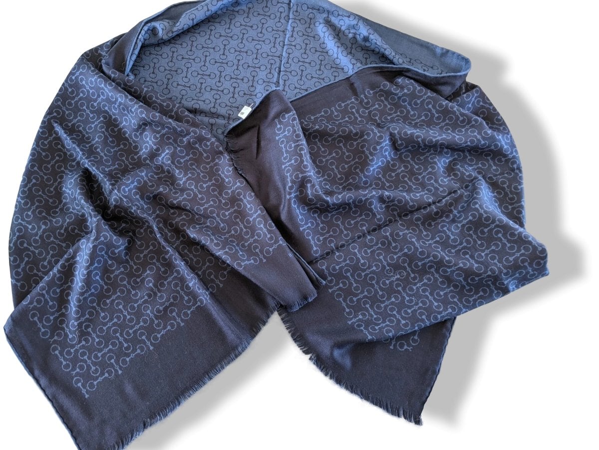 Hermes Marine/Bleu Pilote MORS MUFFLER Woven 70% Cashmere Reversible Stole 63 x 180 cm, BNWT! - poupishop