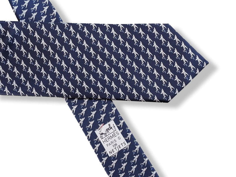 Hermes Marine/Gris Special Issue for NETJETS Planes Twill Silk Tie 9 cm Nr. 606055 OA, New! - poupishop