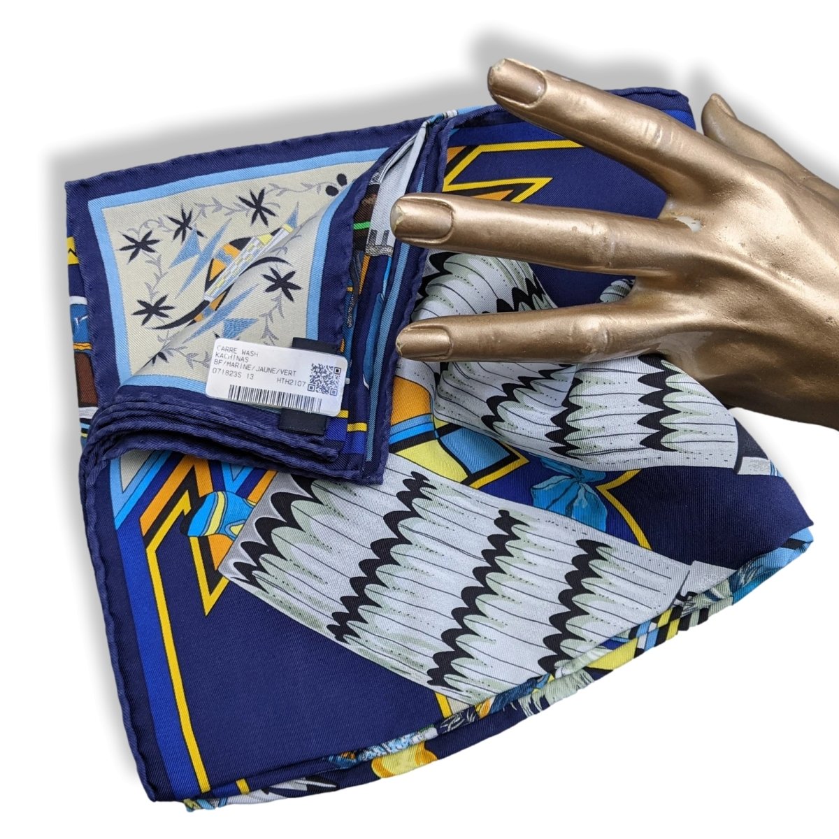 Hermes Marine/Jaune/Vert KACHINAS by Kermit Oliver WASH with Blanc Matt Overlay Carre 90cm cm, BNWT! - poupishop