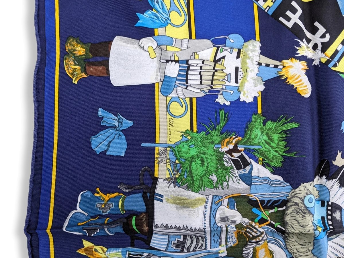 Hermes Marine/Jaune/Vert KACHINAS by Kermit Oliver WASH with Blanc Matt Overlay Carre 90cm cm, BNWT! - poupishop