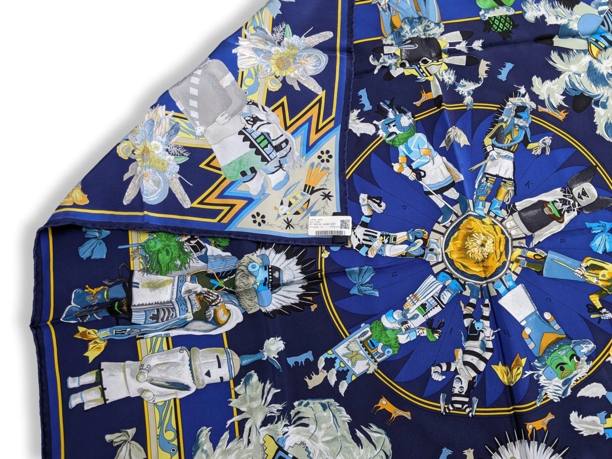 Hermes Marine/Jaune/Vert KACHINAS by Kermit Oliver WASH with Blanc Matt Overlay Carre 90cm cm, BNWT! - poupishop