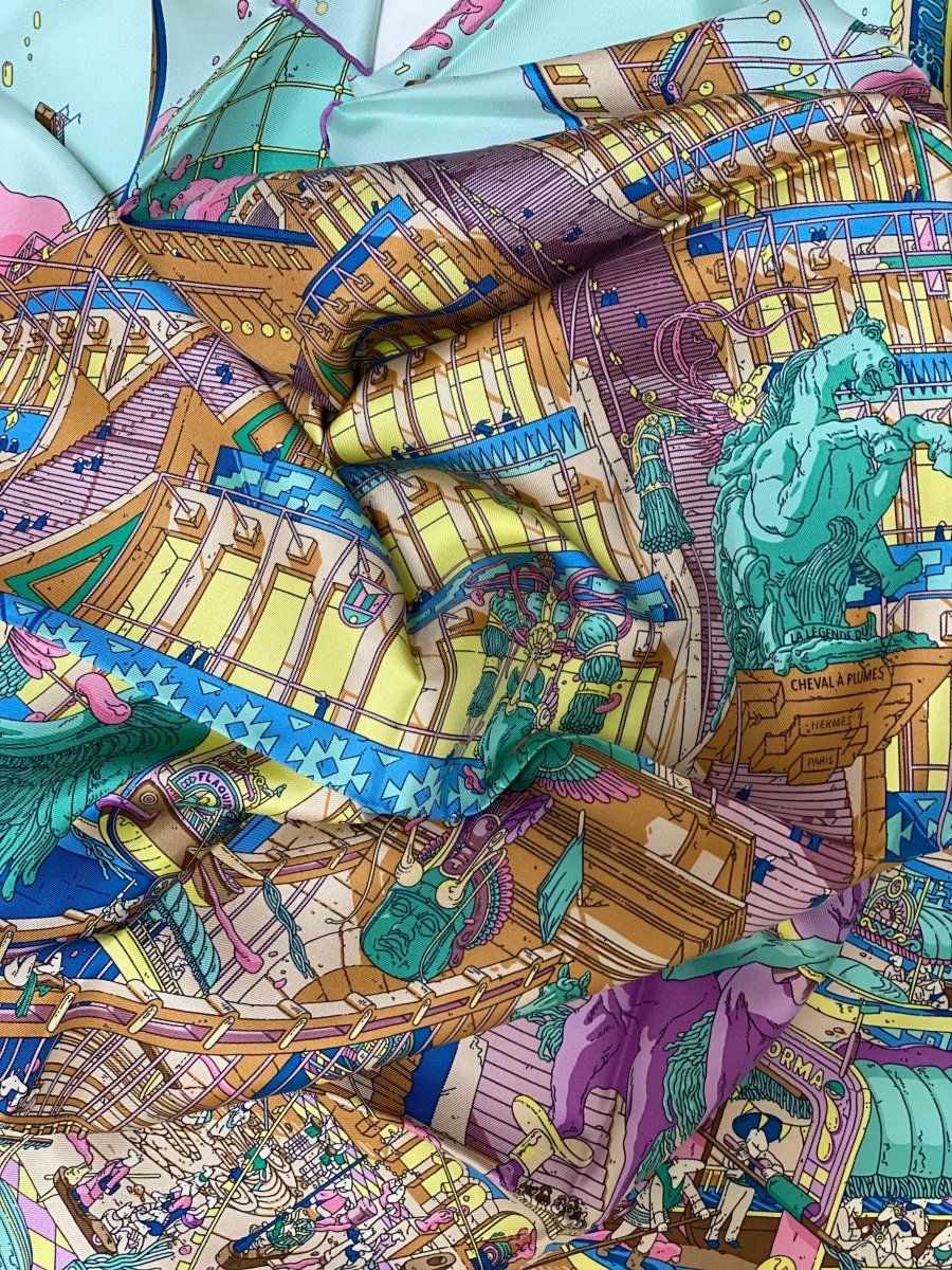 Hermes Mauve/Aqua/Camel LA LEGENDE DU CHEVAL A PLUMES by Ugo Gattoni Twill 90cm, BNWTIB! - poupishop