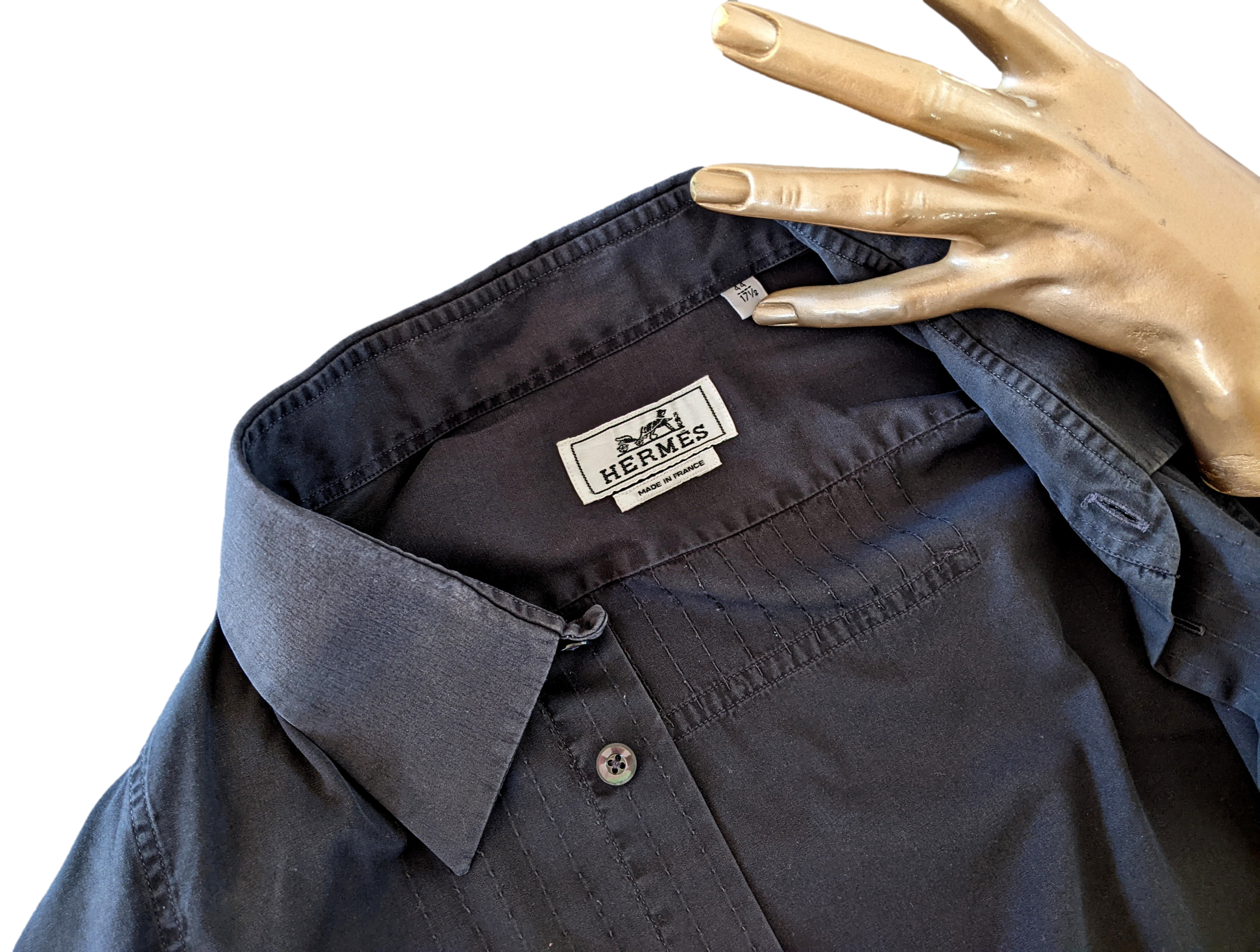 Hermes Men's Noir Cotton Long Sleeves Shirt with Plastron