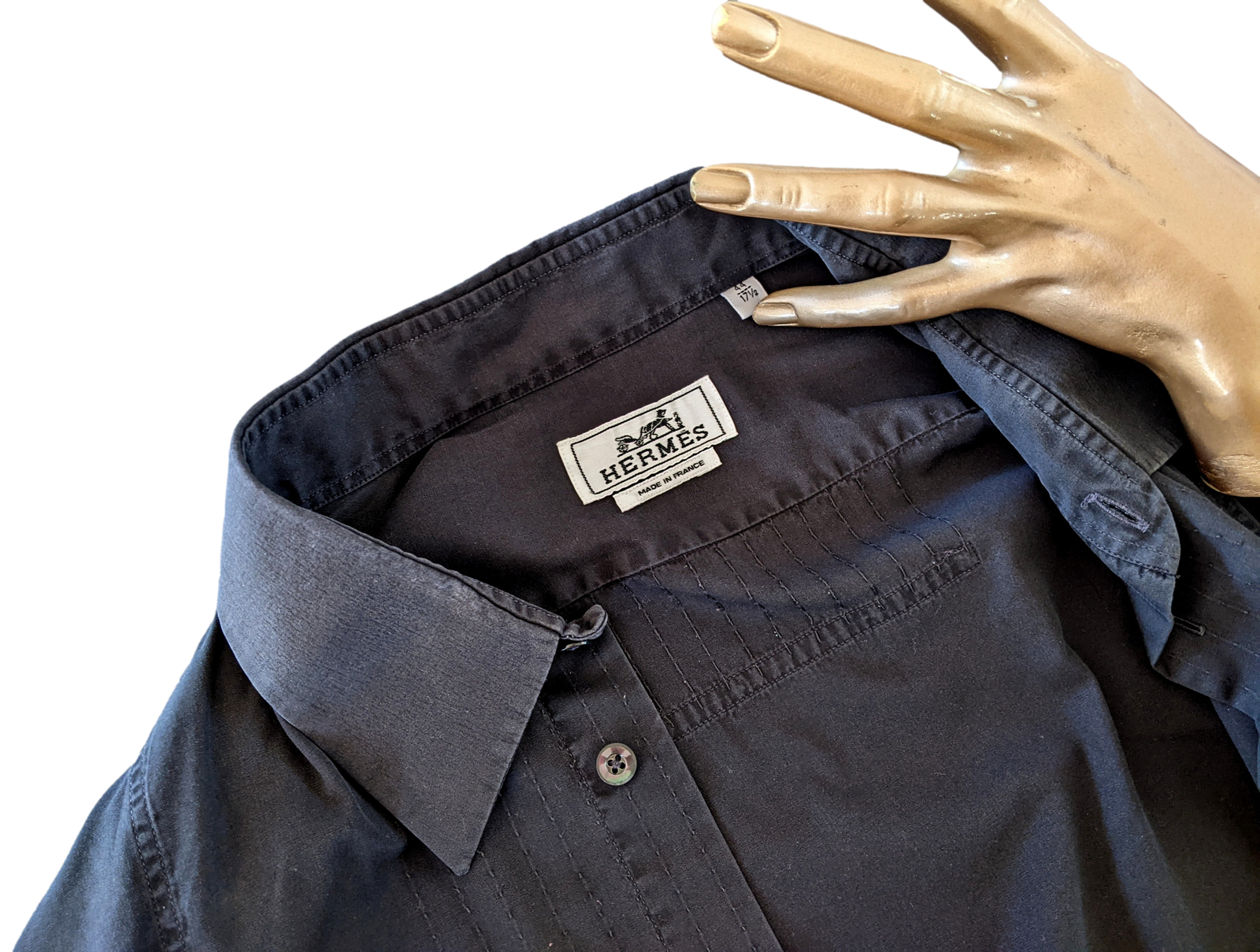 Hermes Men's Noir Cotton Long Sleeves Shirt with Plastron, Sz44