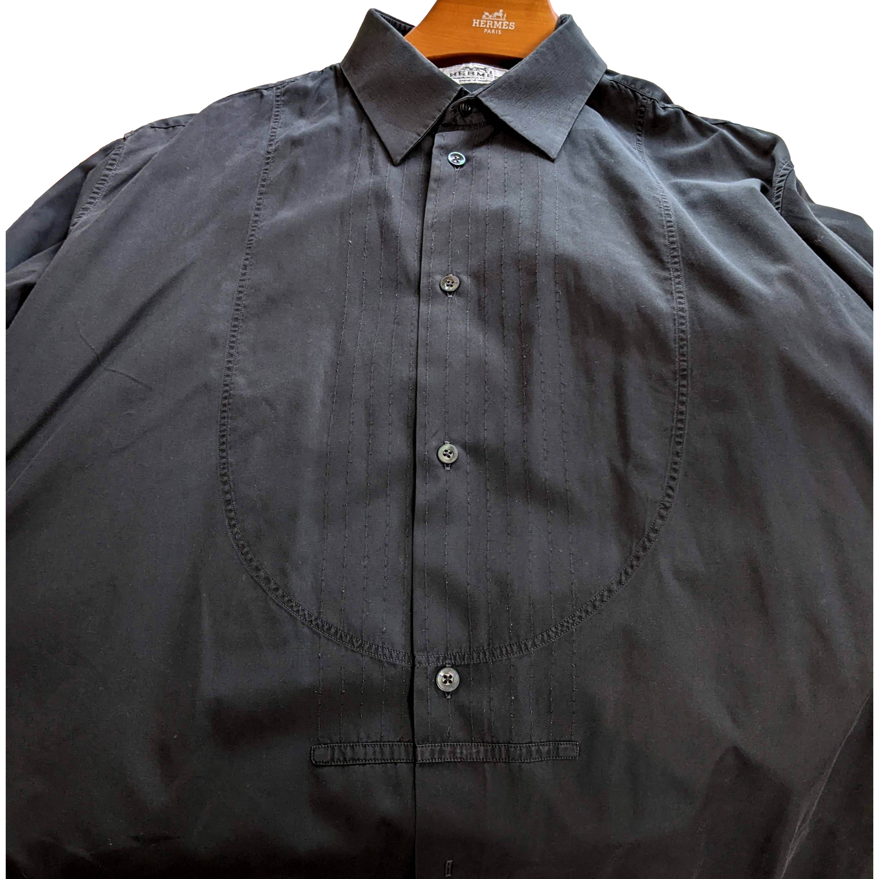 Hermes Men's Noir Cotton Long Sleeves Shirt with Plastron