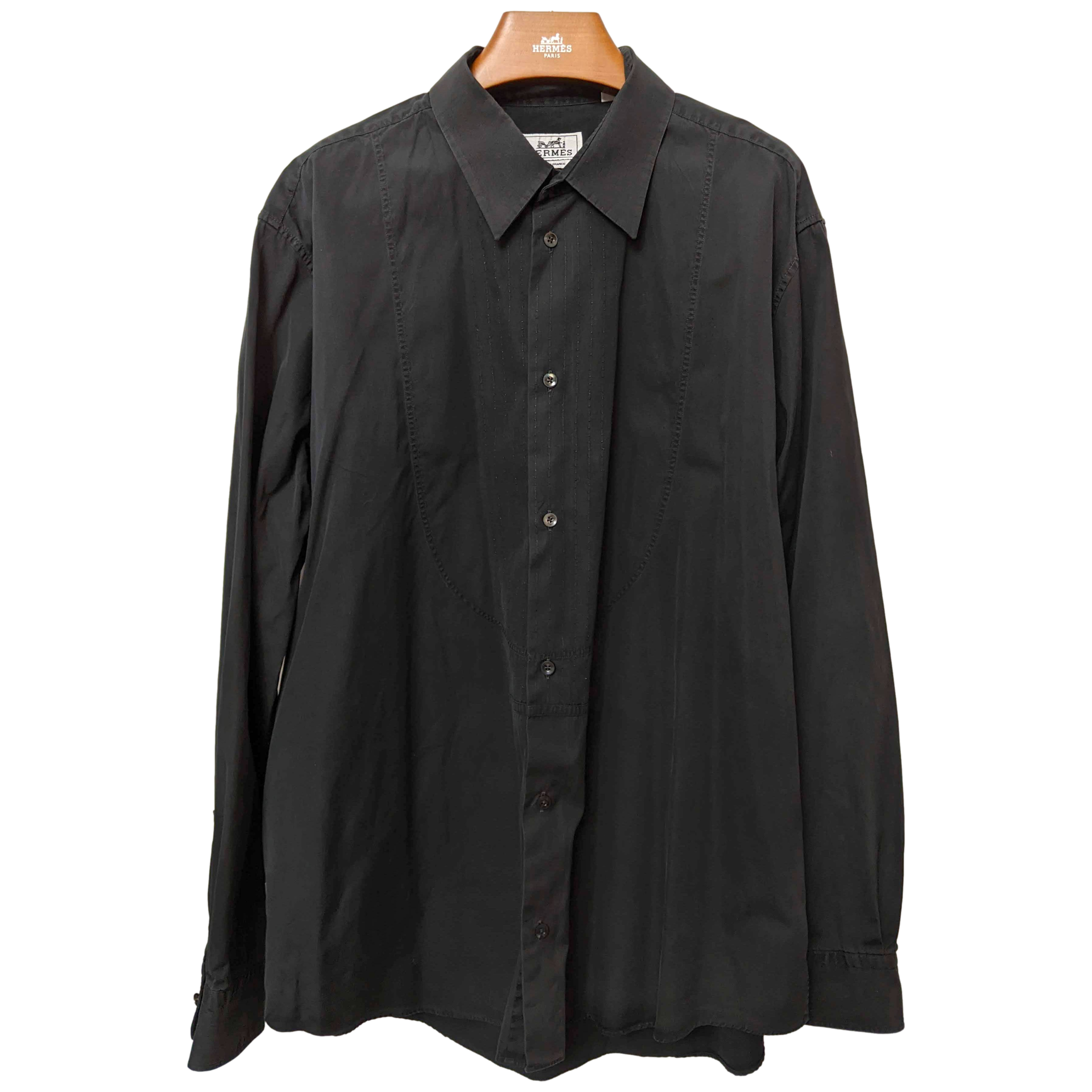 Hermes Men's Noir Cotton Long Sleeves Shirt with Plastron