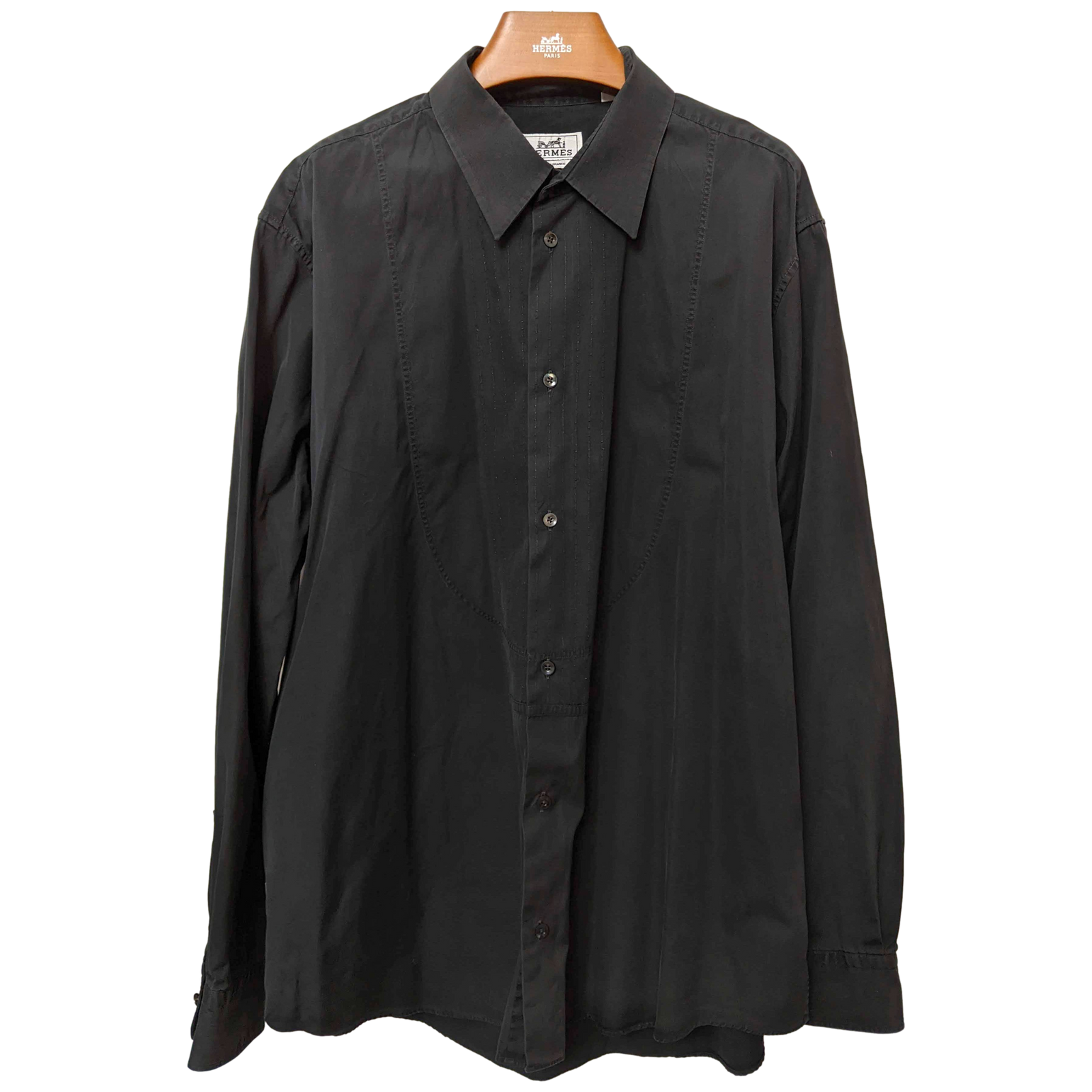 Hermes Men's Noir Cotton Long Sleeves Shirt with Plastron, Sz44