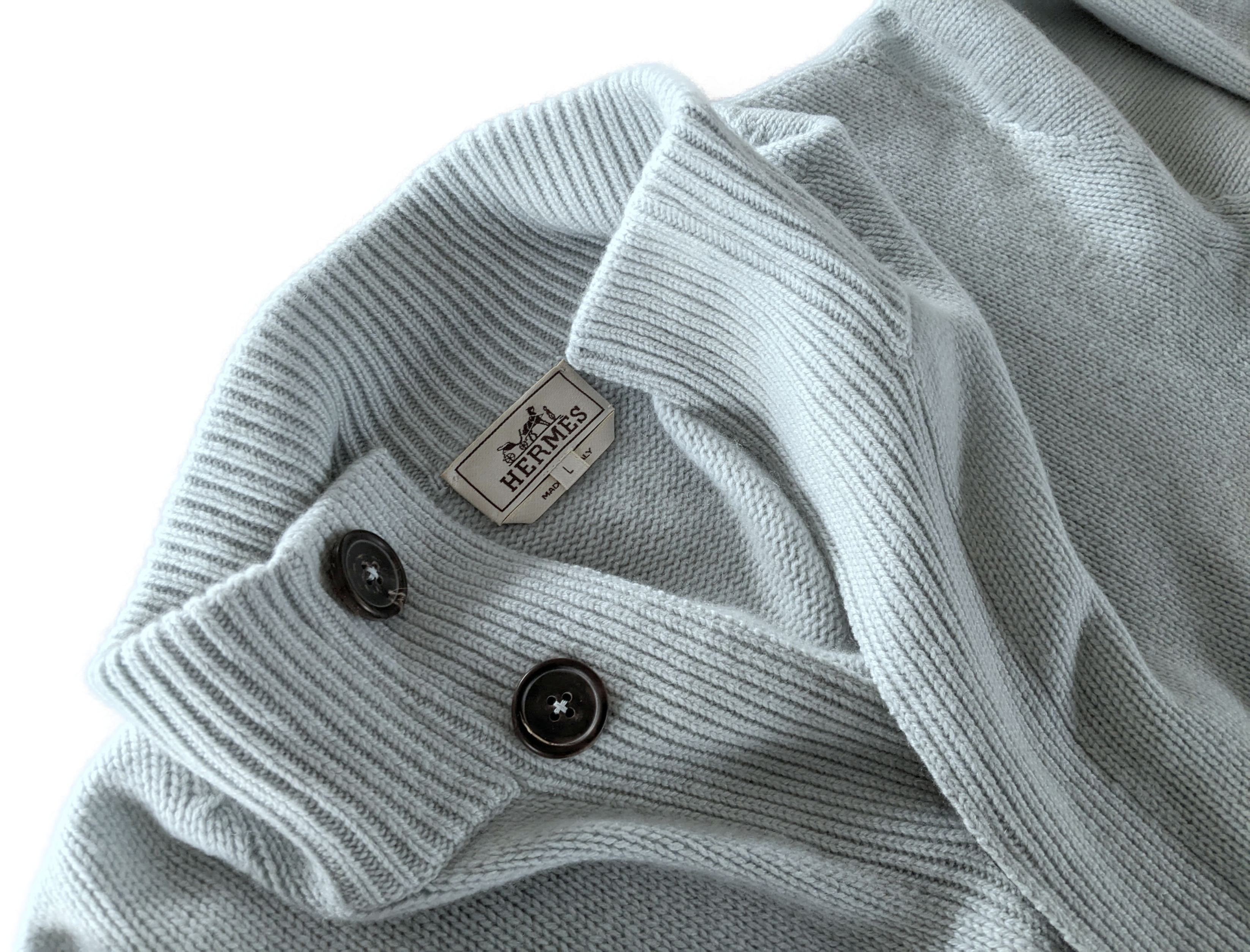 Produits Hermes Men's Bleu Clair 100% Cashmere Cable Knit Cardigan SzL