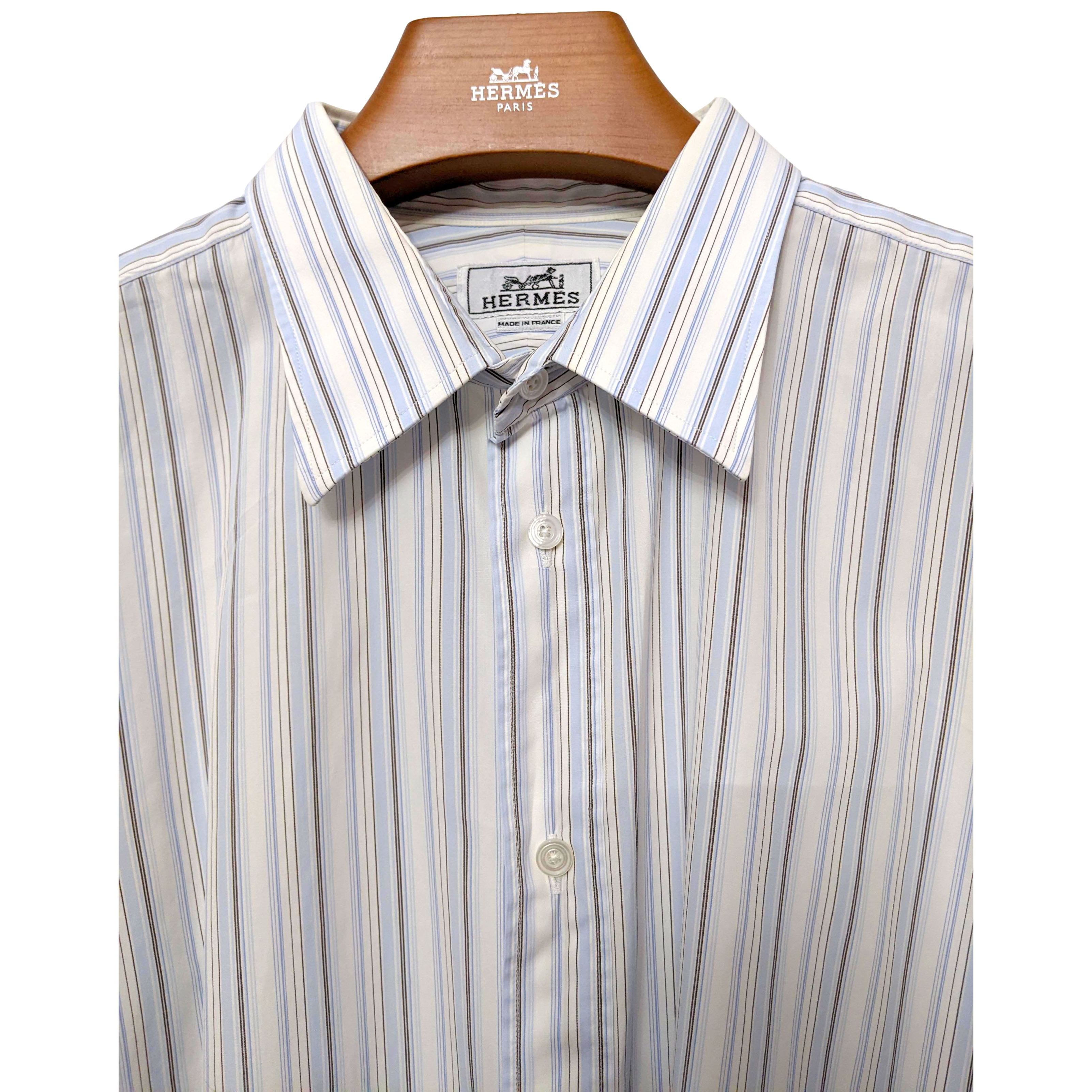 Hermes Men's Blue Lined Cotton Long Sleeves Shirt, Sz44
