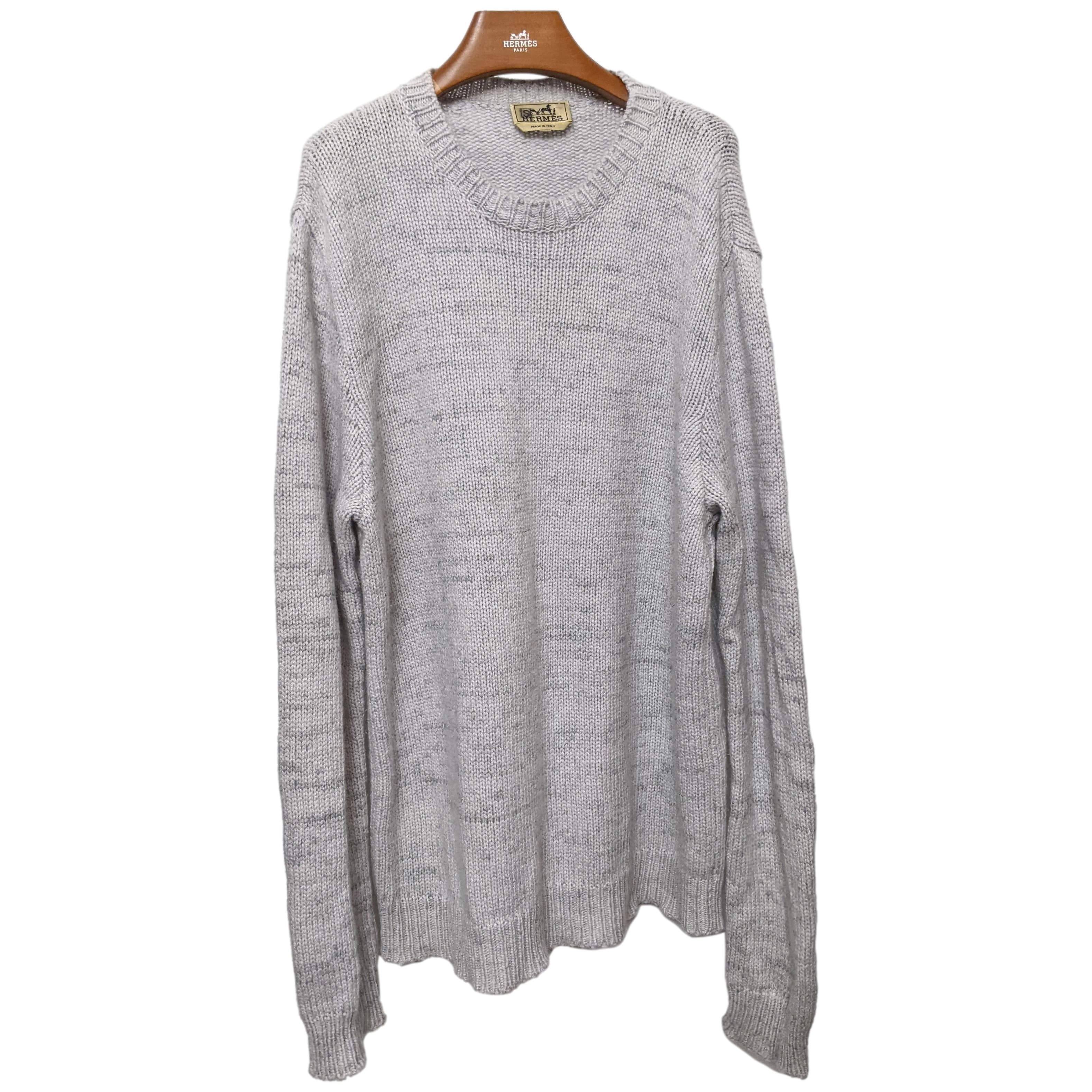 Hermes Men's Gris Clair 100% Cashmere Classic Round Neck Sweater, SzXL