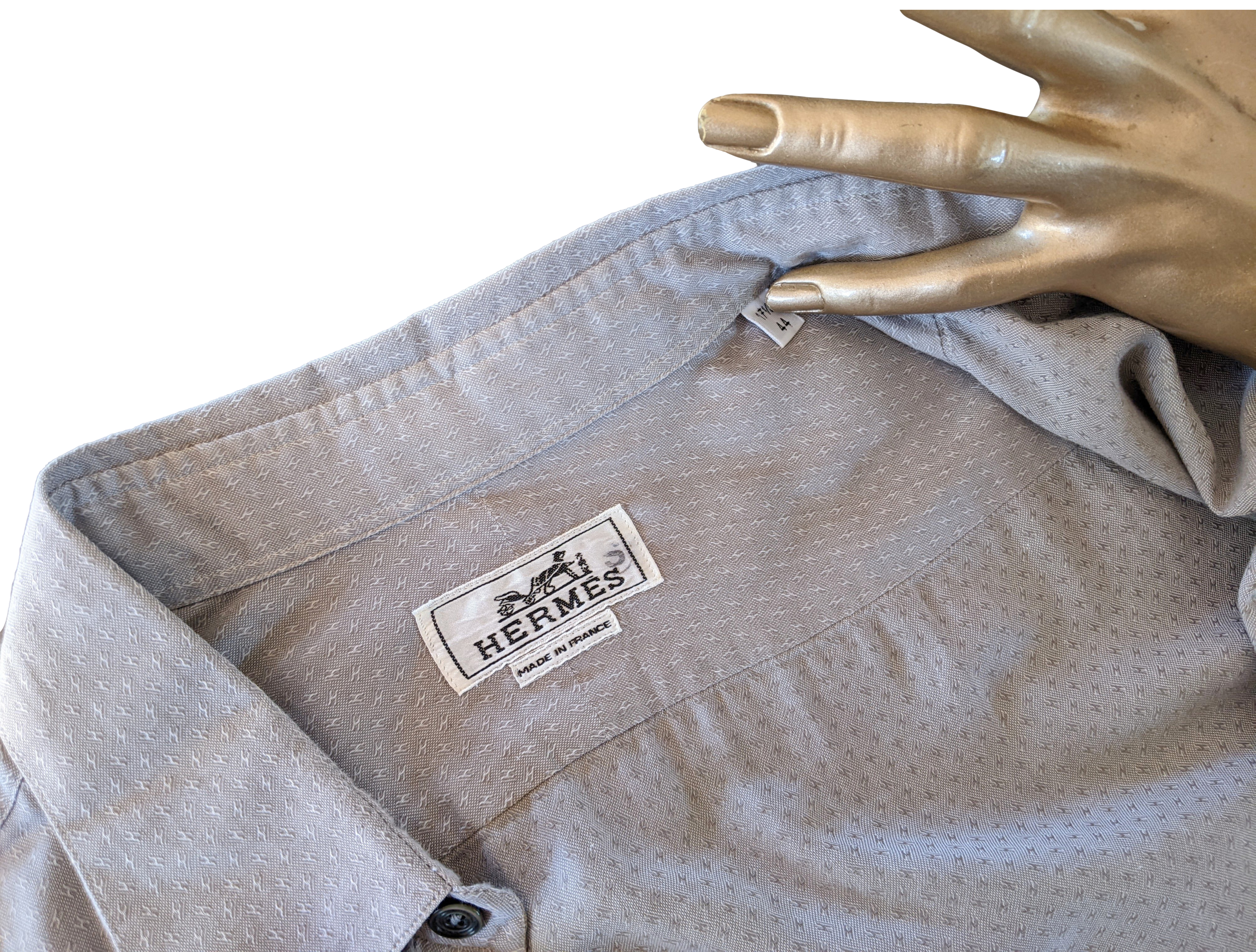 Hermes Men's Grey Cotton Long Sleeves Shirt with Removabe Lambskin Tabs missing