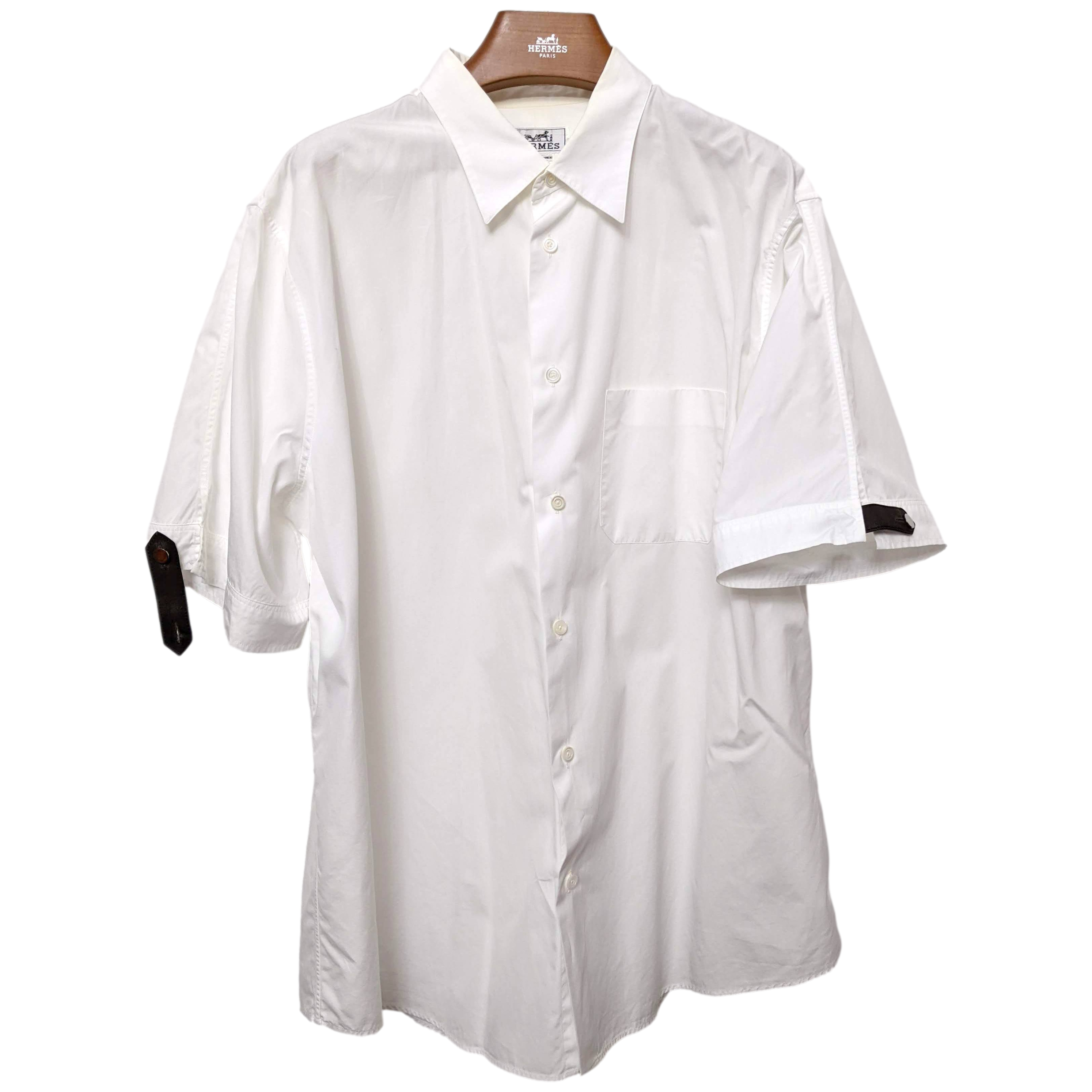 Hermes Men's White Cotton Short Sleeves Shirt with Removabe Lambskin Tabs