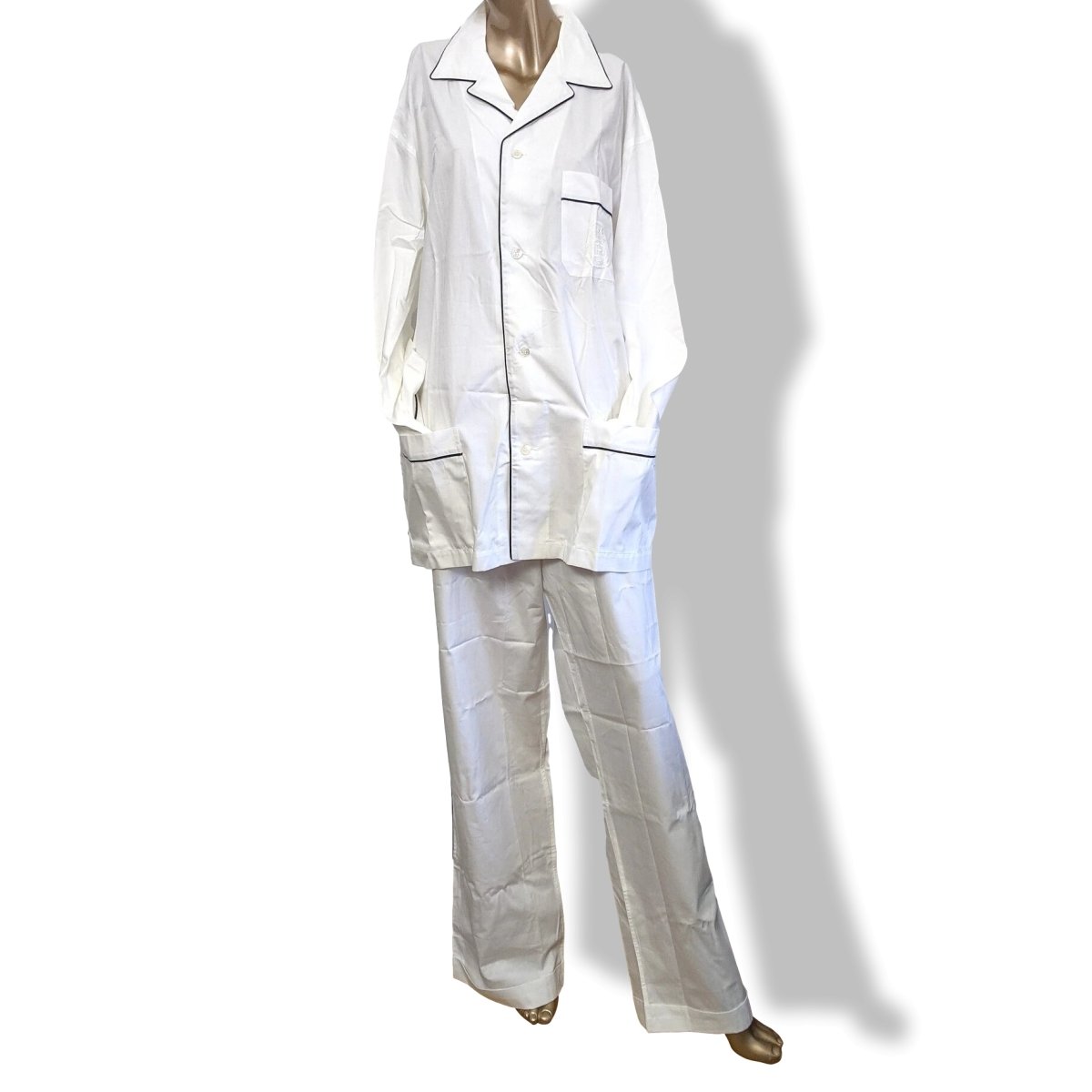 Hermes Men's Blanc/Blanc/Marine Popeline de Coton Pajamas with Embroidered Travel Pochette, BNEW! - poupishop