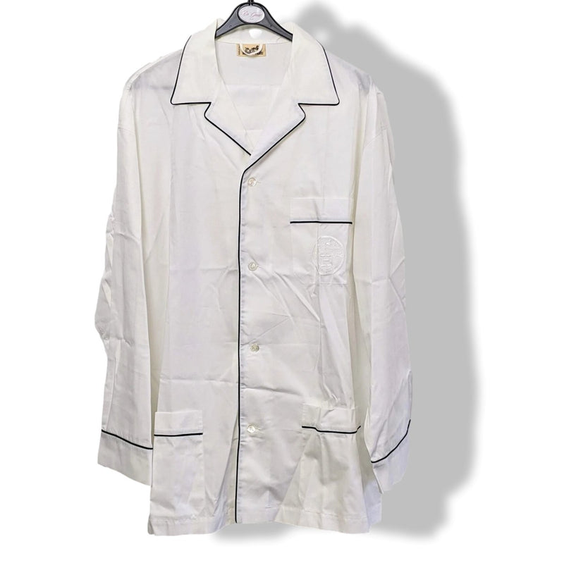 Hermes Men's Blanc/Blanc/Marine Popeline de Coton Pajamas with Embroidered Travel Pochette, BNEW! - poupishop
