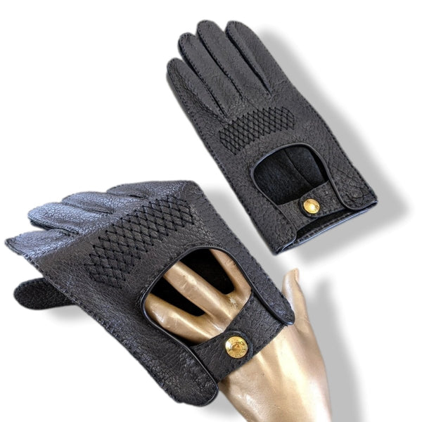 Hermes Men's Noir/Or Grained Leather GANTS HOMME CONDUITE AUTO CLOUS DE SELLE Gloves Sz 095, New! - poupishop