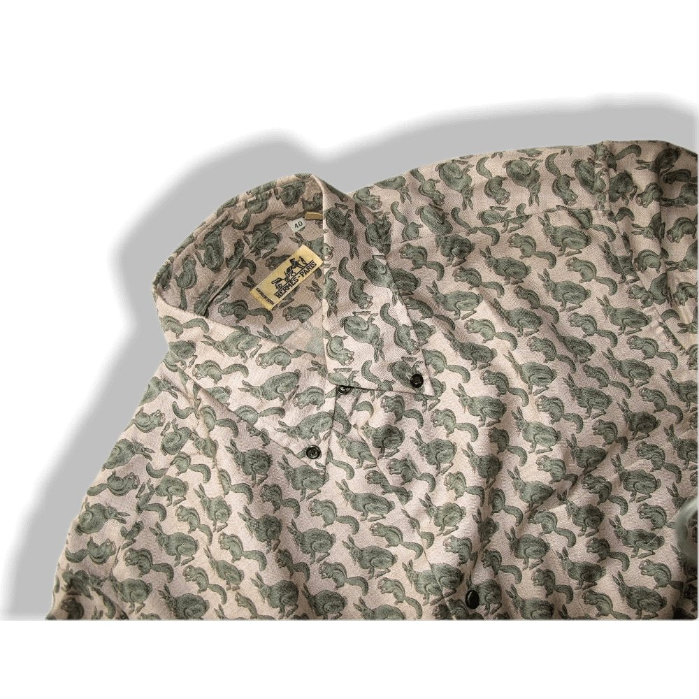 Hermes Men's Vintage Naturel/Green/Grey HARES & SQUIRRELS Cashmere Shirt Sz40, Rare and New! - poupishop