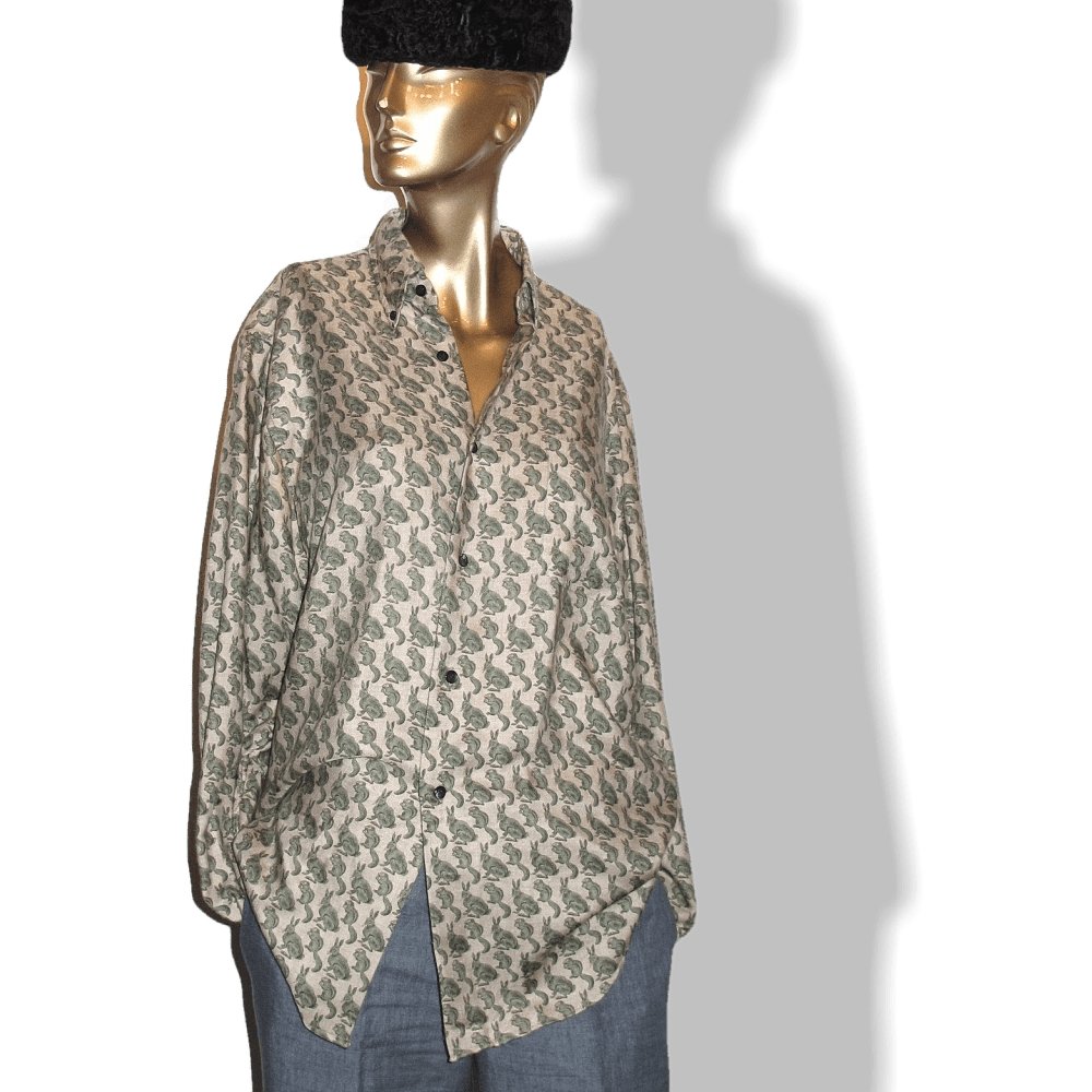 Hermes Men's Vintage Naturel/Green/Grey HARES & SQUIRRELS Cashmere Shirt Sz40, Rare and New! - poupishop