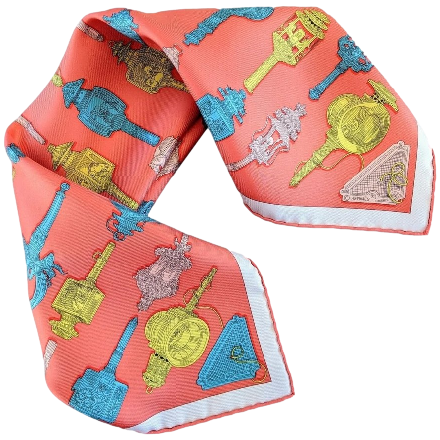 Hermes cw01 Corail/Jaune/Turquoise MERVEILLEUSES LANTERNES Gavroche Twll Silk 45 cm