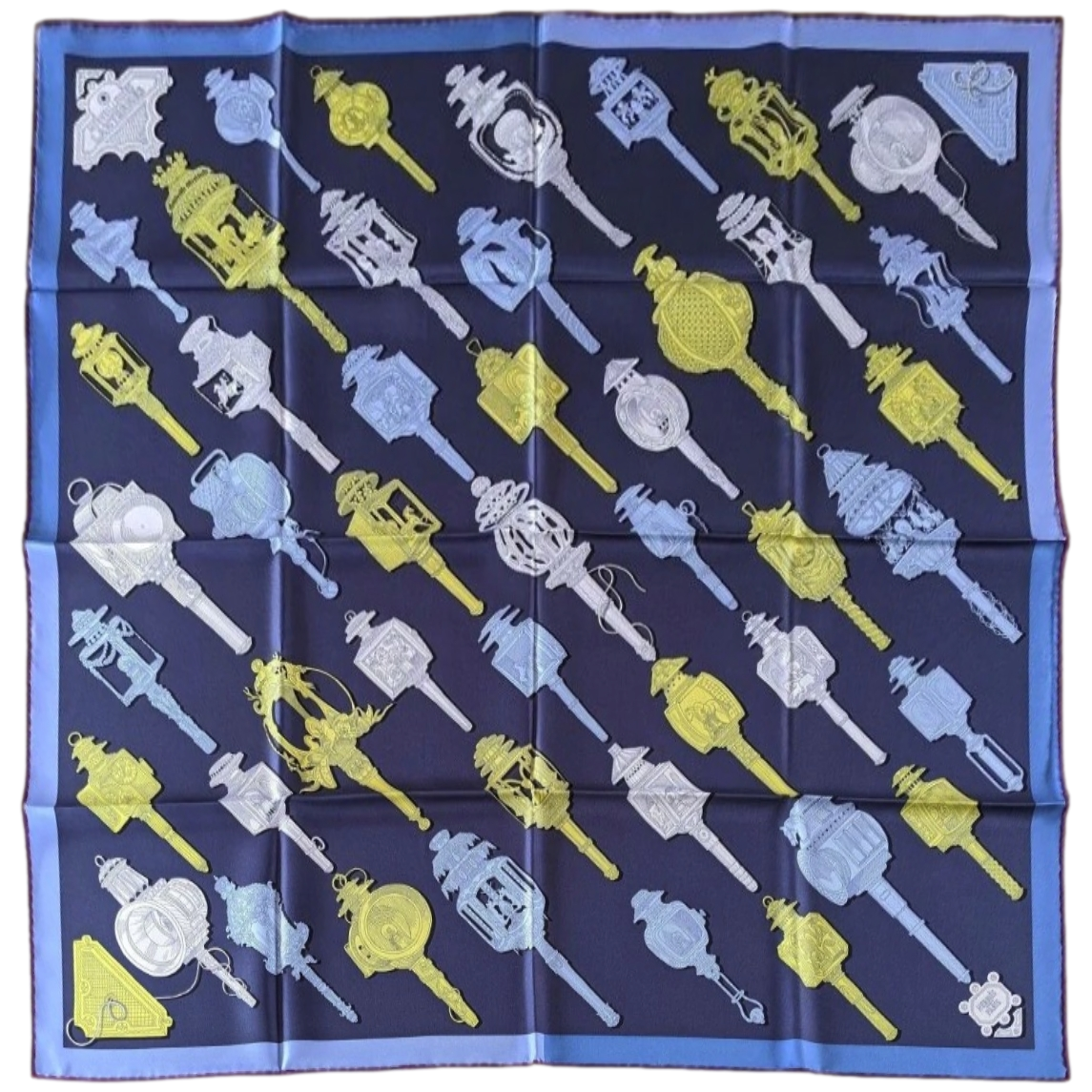Hermes [C2] 2016 Marine/Jaune/Bleu Ciel MERVEILLEUSES LANTERNES by Pierre Marie Twill Silk Carre 90cm