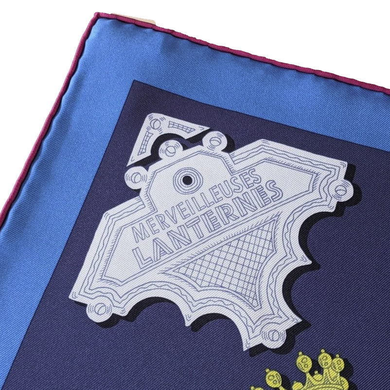 Hermes [C2] 2016 Marine/Jaune/Bleu Ciel MERVEILLEUSES LANTERNES by Pierre Marie Twill Silk Carre 90cm