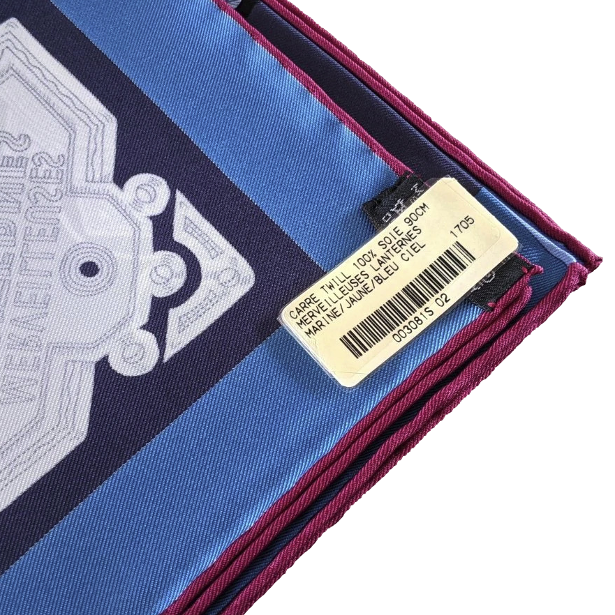 Hermes [C2] 2016 Marine/Jaune/Bleu Ciel MERVEILLEUSES LANTERNES by Pierre Marie Twill Silk Carre 90cm