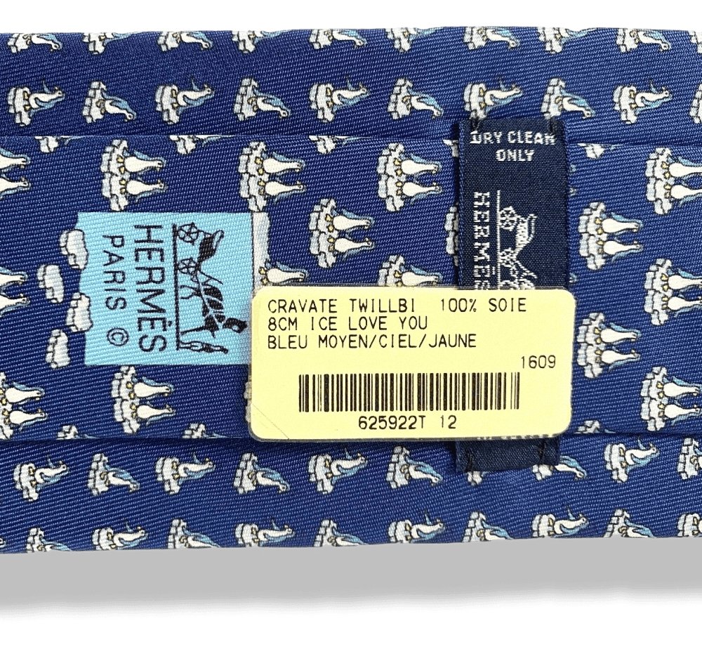 Hermes Middle Blue Sky Yellow Penguins ICE LOVE YOU TWILLBI Twill Silk Tie 8cm, NWT in Pochette! - poupishop