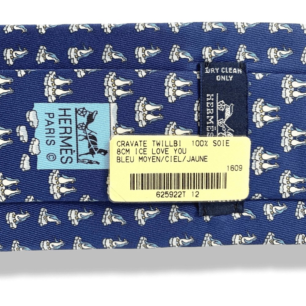 Hermes Middle Blue Sky Yellow Penguins ICE LOVE YOU TWILLBI Twill Silk Tie 8cm, NWT in Pochette! - poupishop