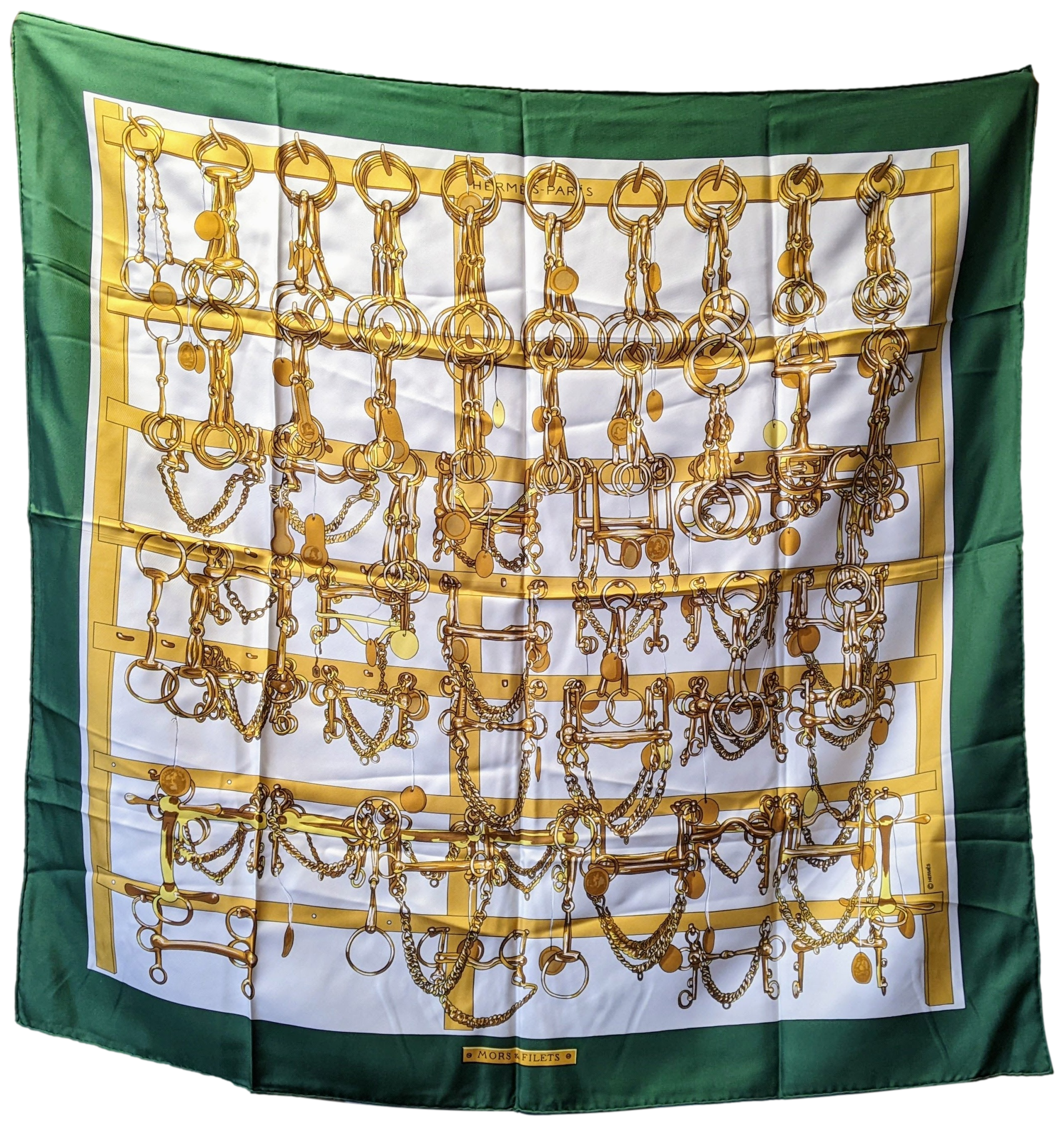 Produits Hermes Vert/Blanc/Or "Mors & Filets" Twill Scarf 90 x 90 cm