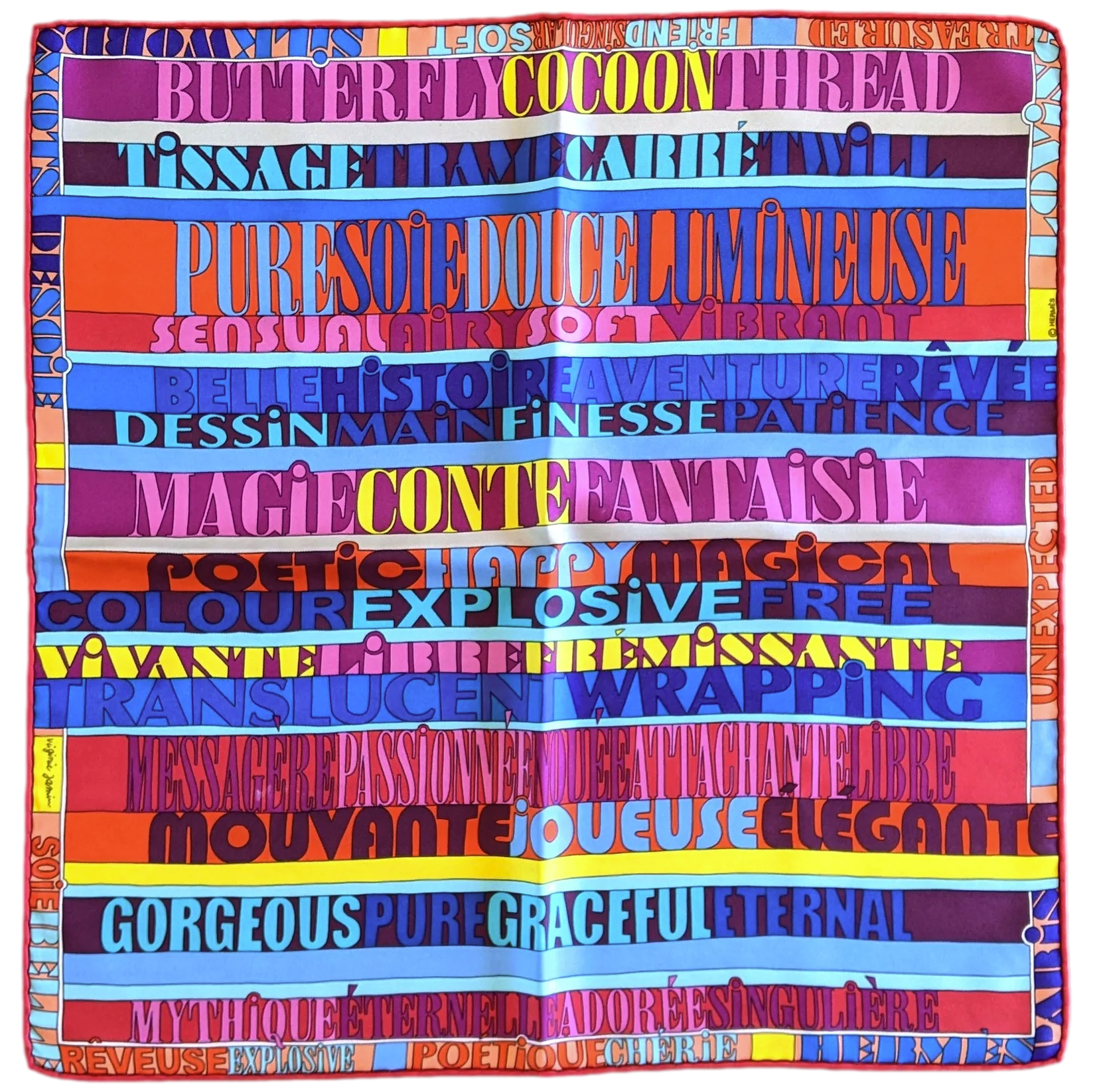 Hermes 2011 Rouge/Multi "Mots de Soie" by Virginie Jamin Gavroche Pocket Scarf 45
